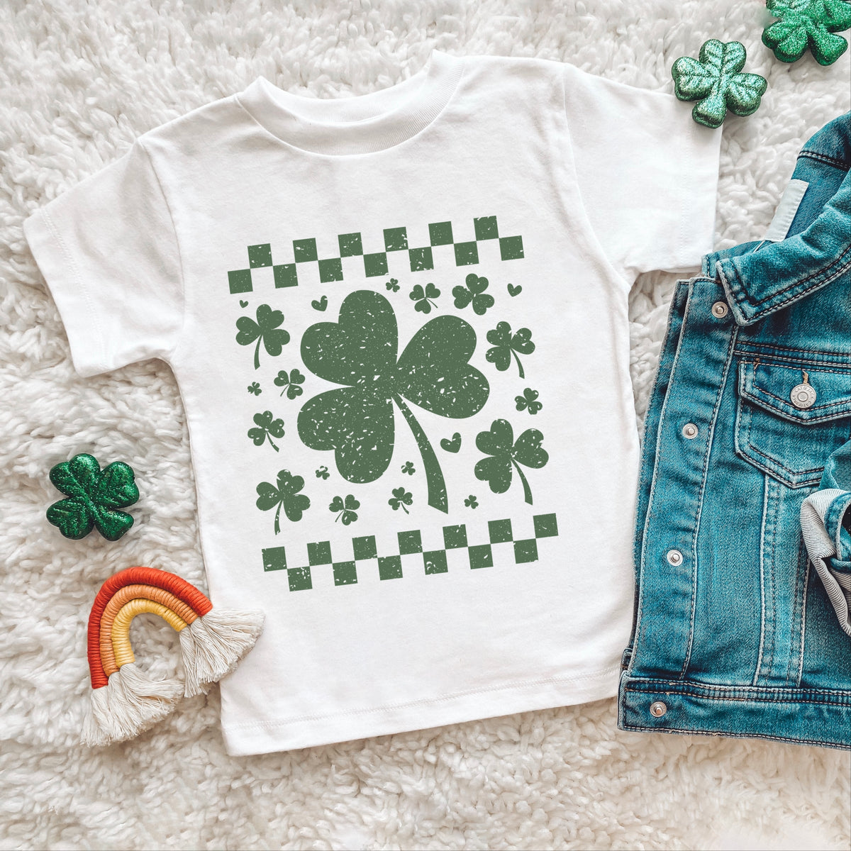 Clovers Checkered Distressed - Toddler Short Sleeve Graphic T-Shirt