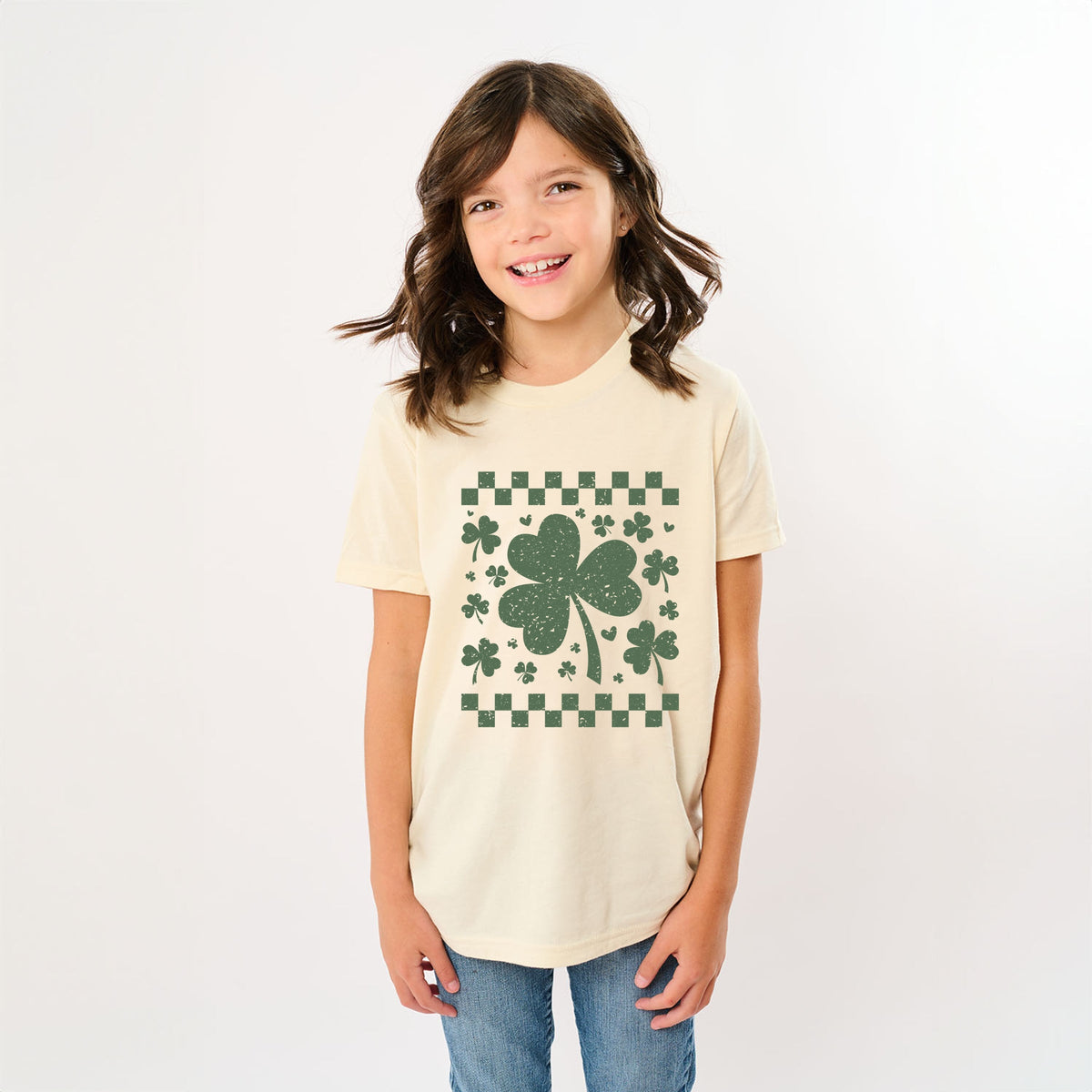 Clovers Checkered Distressed - Youth Short Sleeve Graphic T-Shirt
