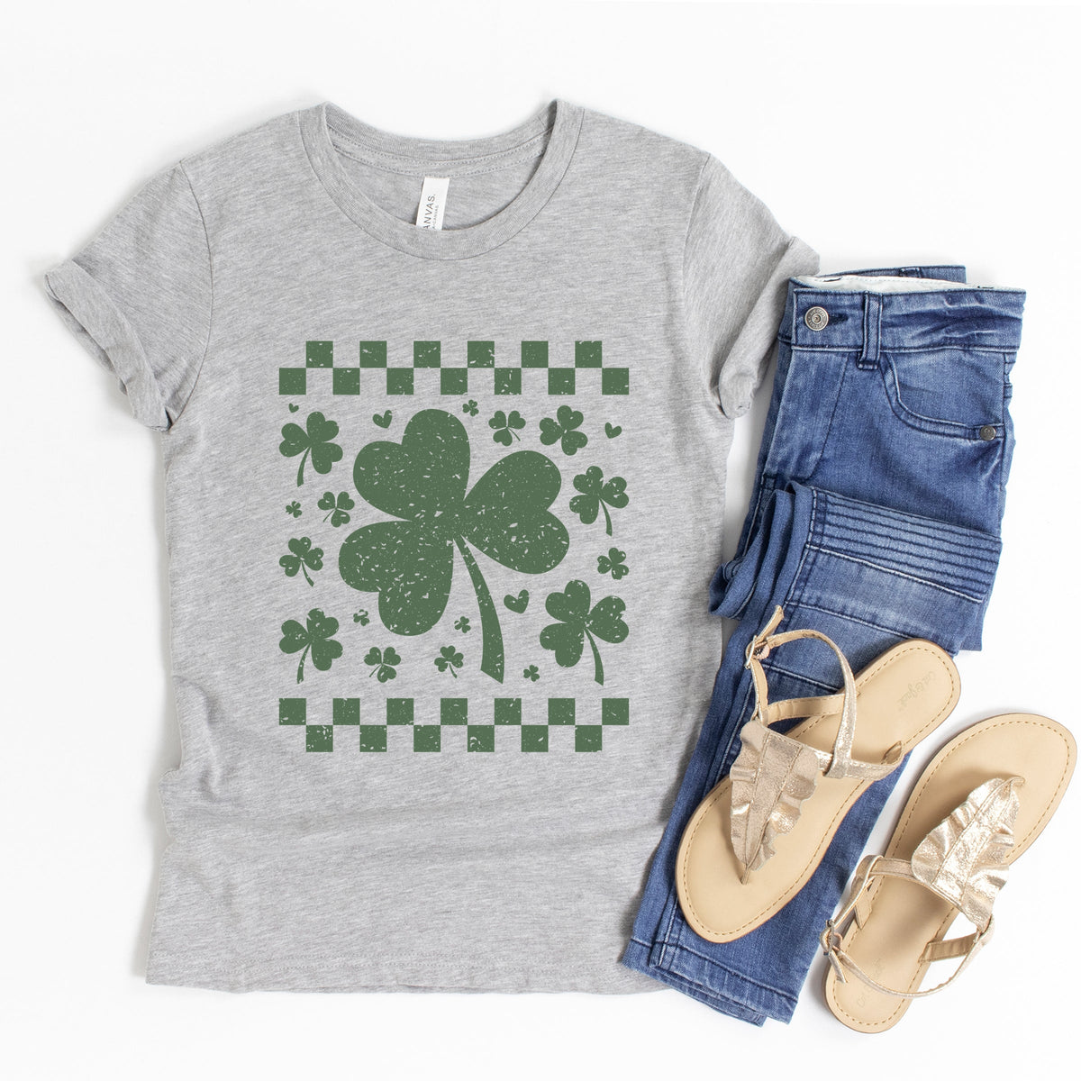 Clovers Checkered Distressed - Youth Short Sleeve Graphic T-Shirt