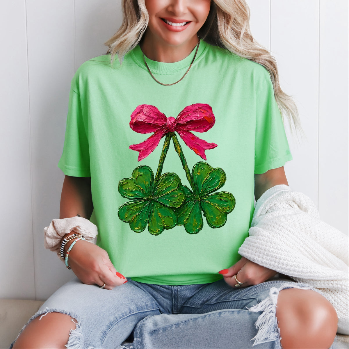 Clover Cherries Paint - Women's Garment Dyed Graphic T-Shirt