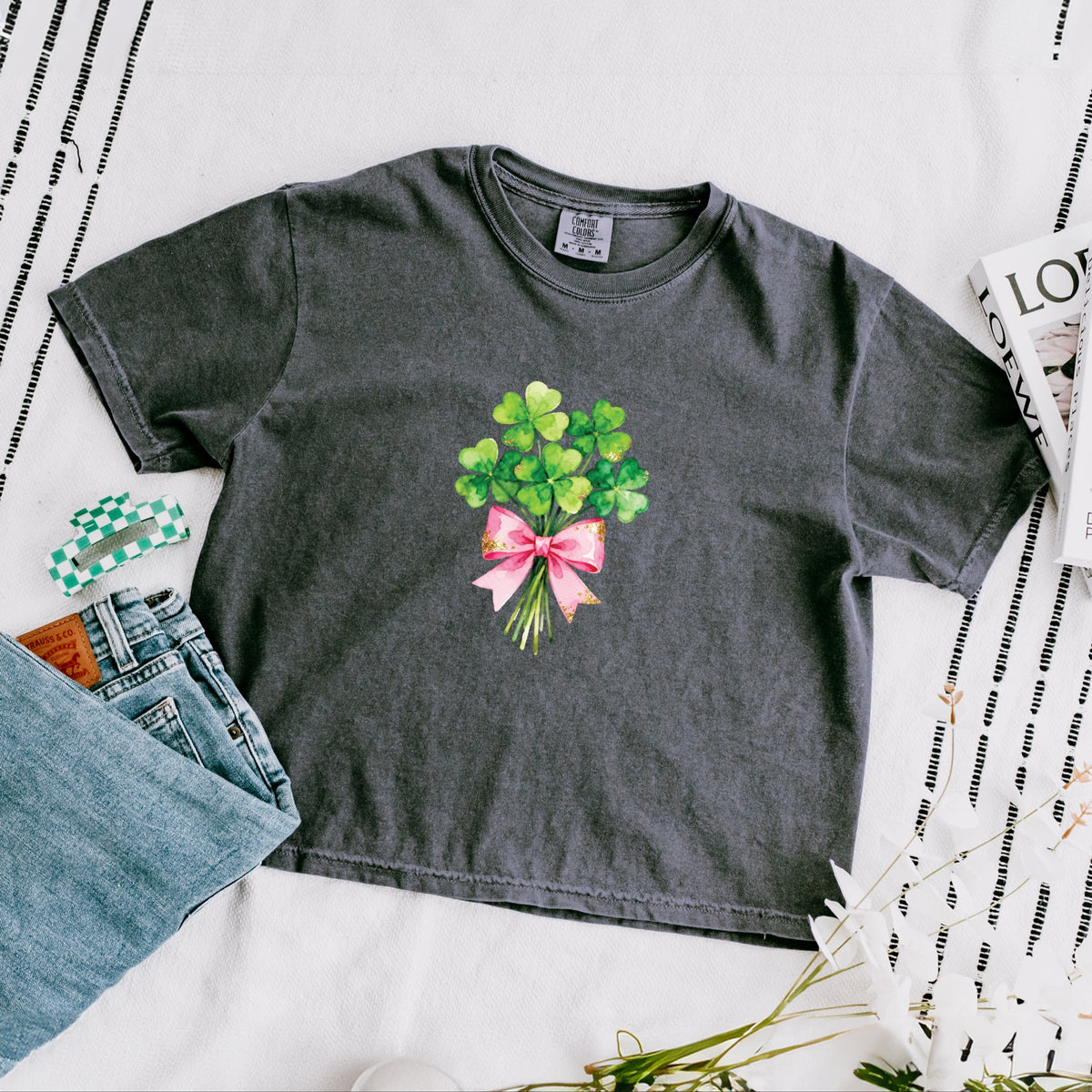 Clover Watercolor Bouquet - Women's Boxy Crop Top Graphic T-Shirt