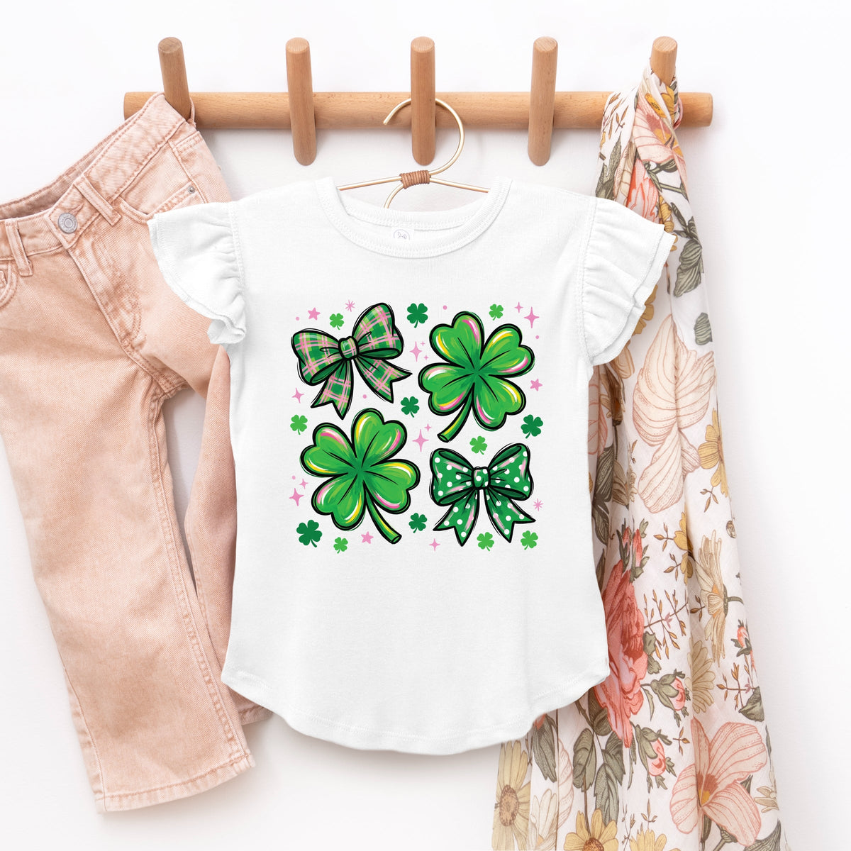 Clover Stars Coquette - Flutter Sleeve Graphic T-Shirt