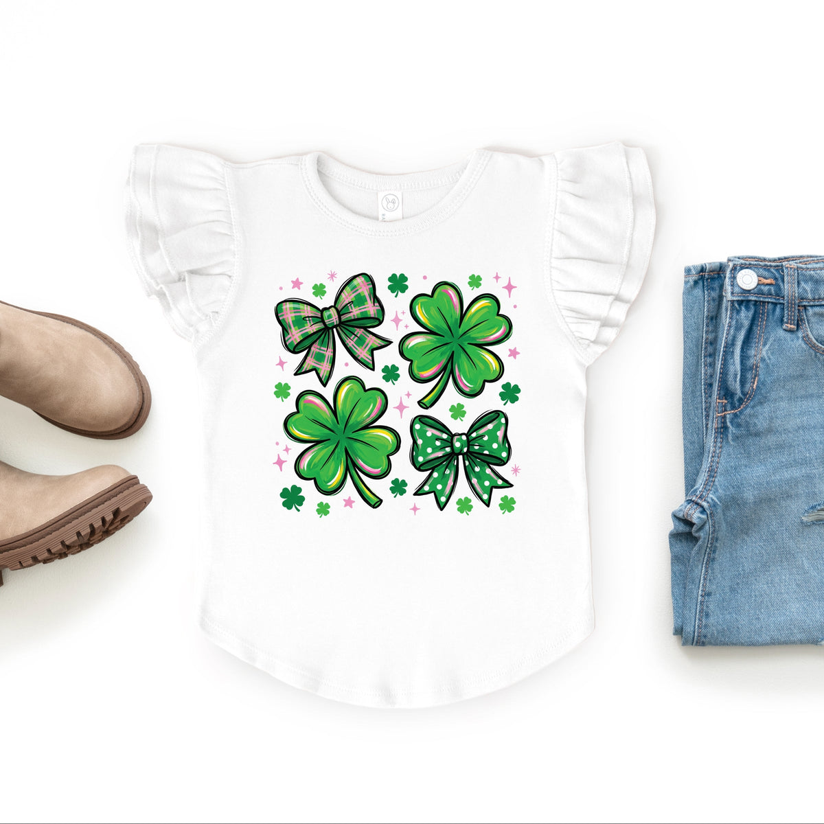 Clover Stars Coquette - Flutter Sleeve Graphic T-Shirt
