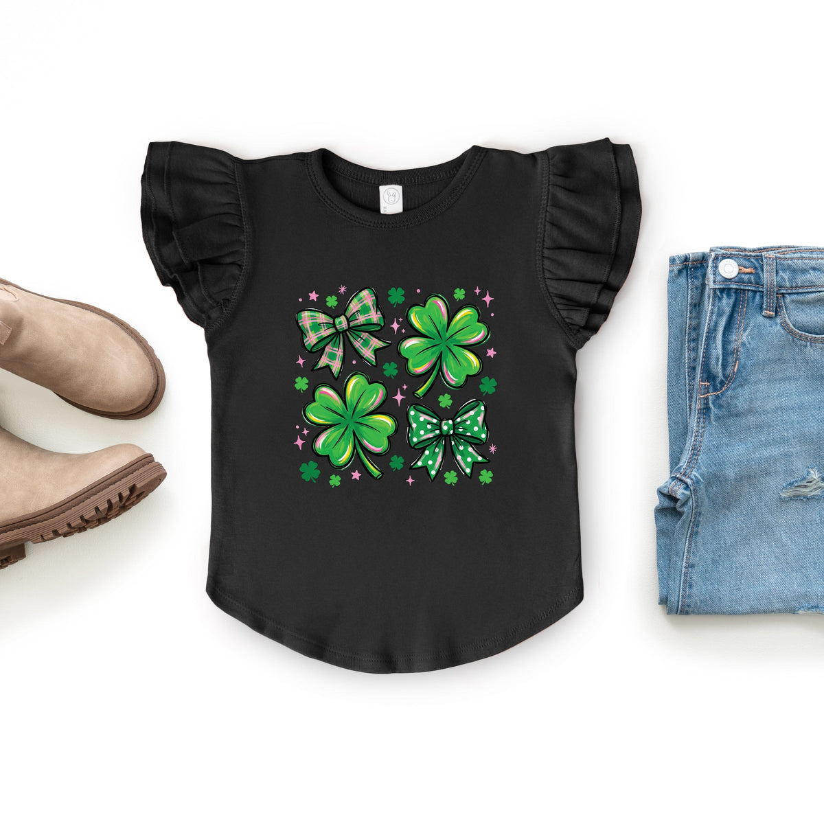 Clover Stars Coquette - Flutter Sleeve Graphic T-Shirt