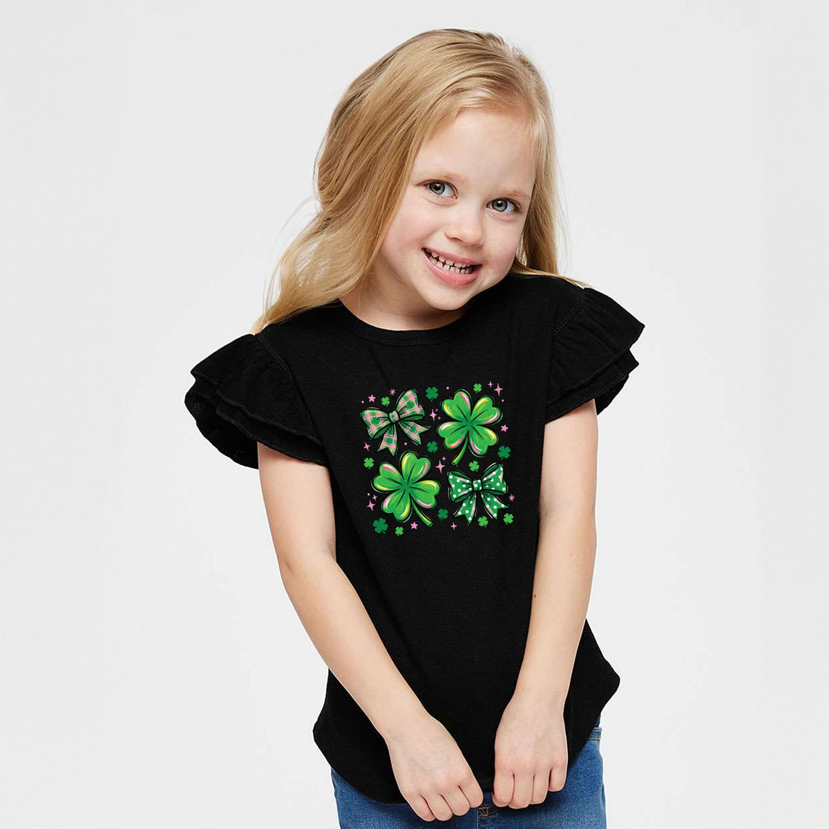 Clover Stars Coquette - Flutter Sleeve Graphic T-Shirt