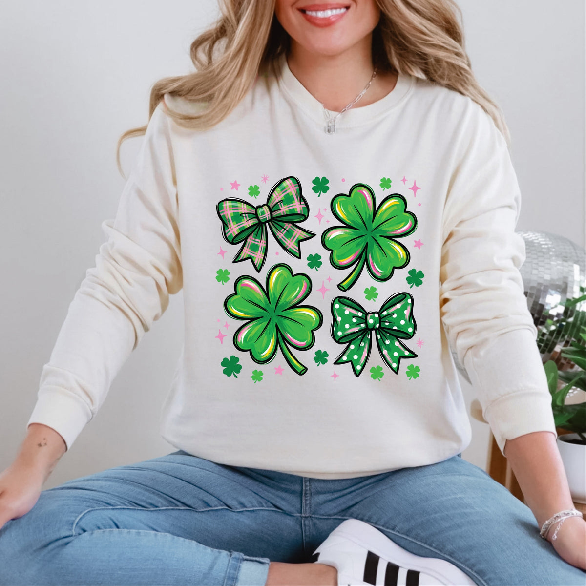 Clover Stars Coquette - Women's Garment Dyed Long Sleeve Graphic T-Shirt