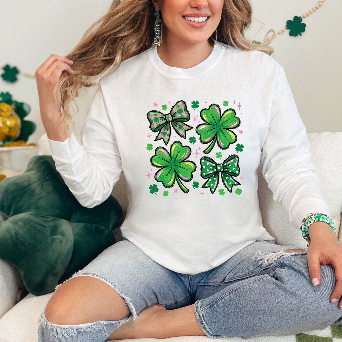 Clover Stars Coquette - Women's Garment Dyed Long Sleeve Graphic T-Shirt