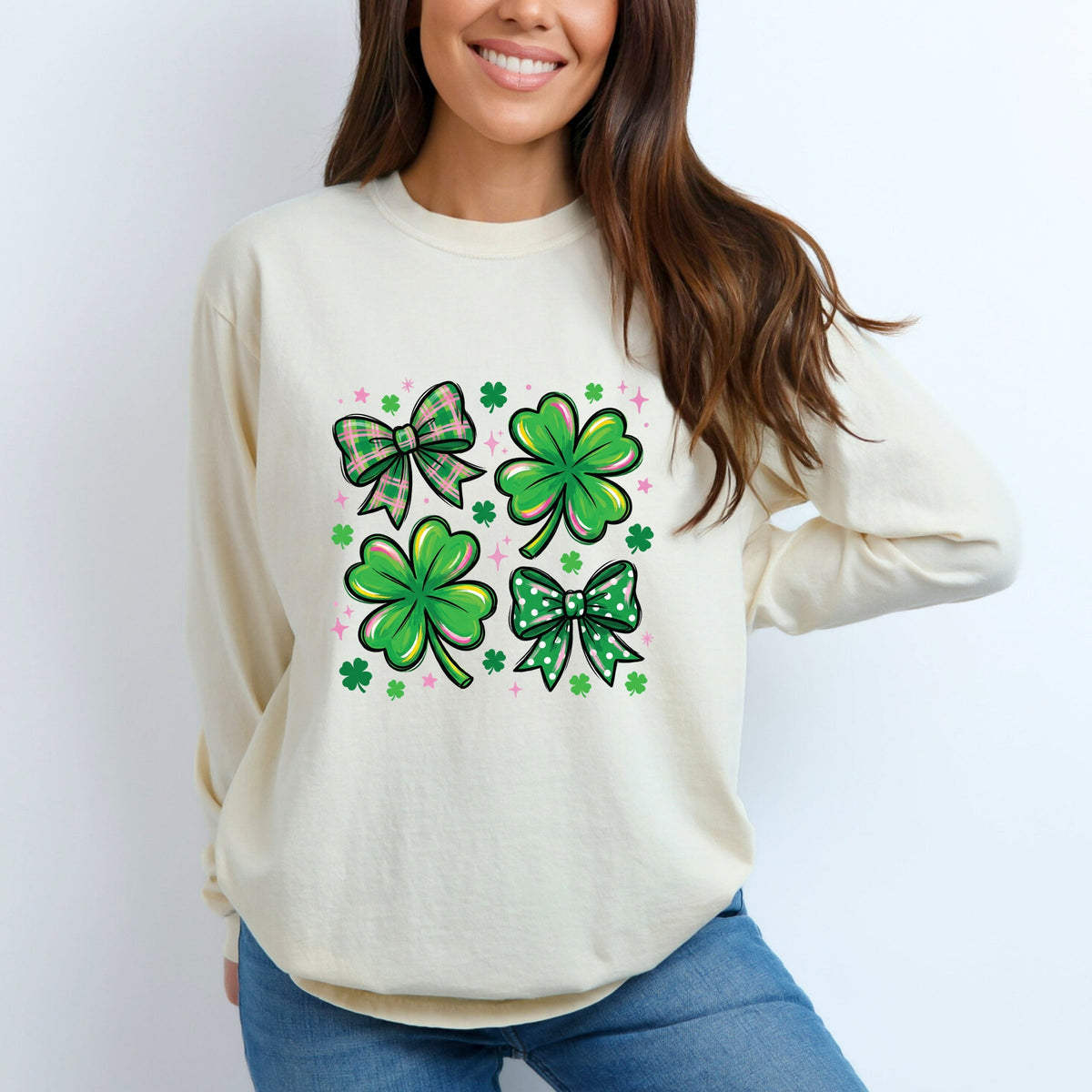 Clover Stars Coquette - Women's Garment Dyed Long Sleeve Graphic T-Shirt