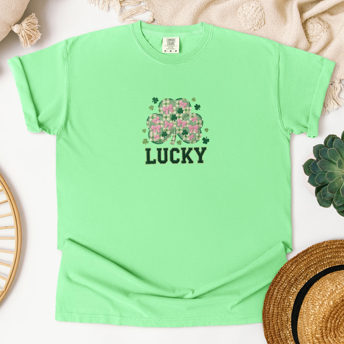 Lucky Varsity Coquette Patchwork Print - Women's Garment Dyed Graphic T-Shirt