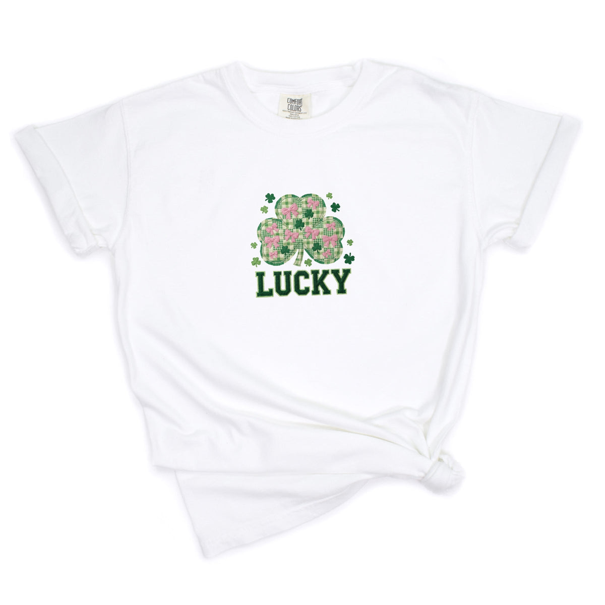 Lucky Varsity Coquette Patchwork Print - Women's Garment Dyed Graphic T-Shirt