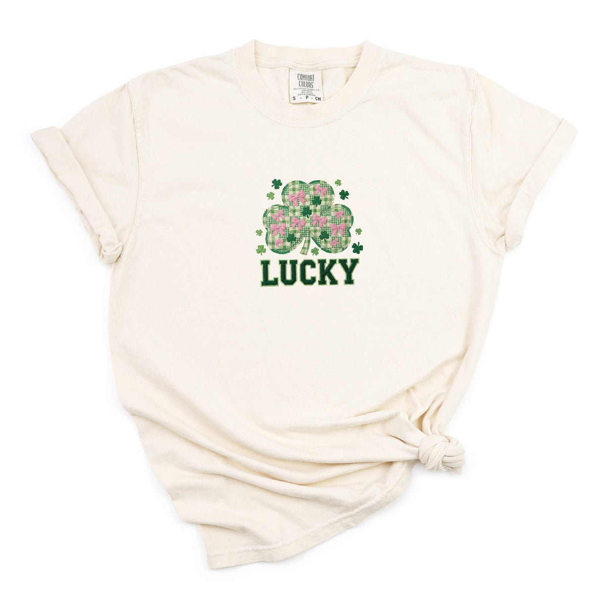 Lucky Varsity Coquette Patchwork Print - Women's Garment Dyed Graphic T-Shirt