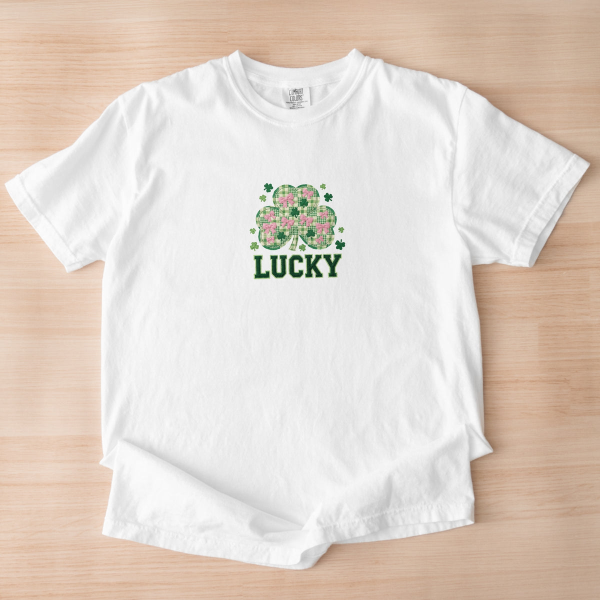Lucky Varsity Coquette Patchwork Print - Women's Garment Dyed Graphic T-Shirt