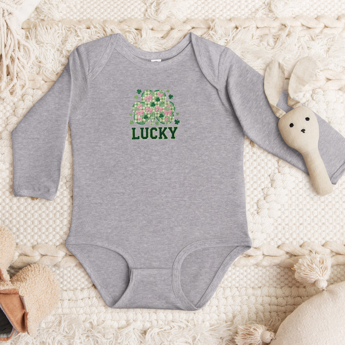 Lucky Varsity Coquette Patchwork Print - Baby Long Sleeve Bodysuit