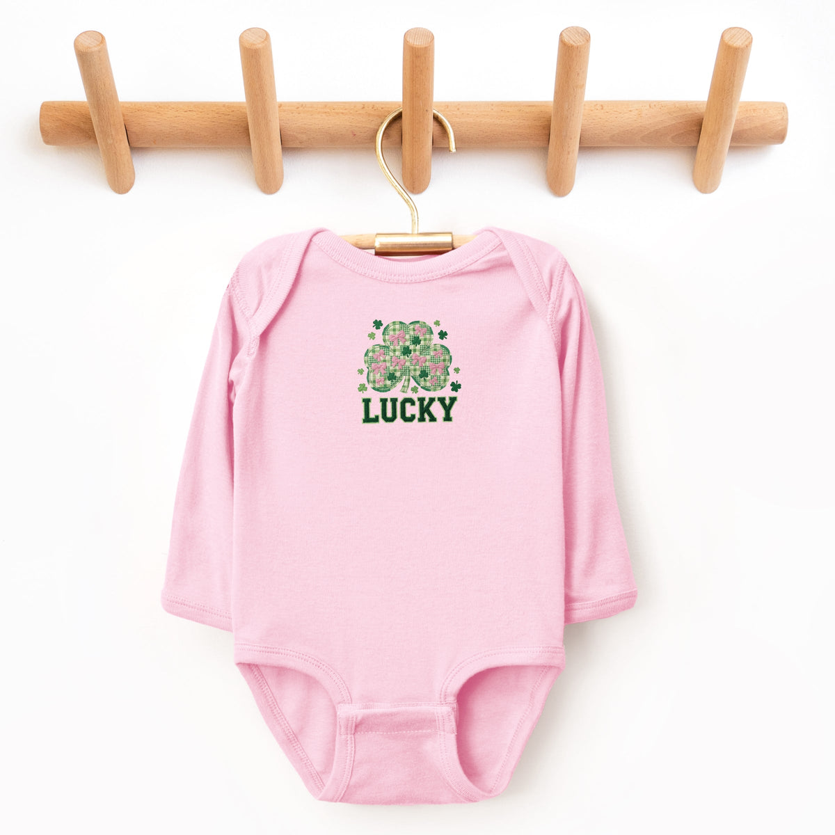 Lucky Varsity Coquette Patchwork Print - Baby Long Sleeve Bodysuit