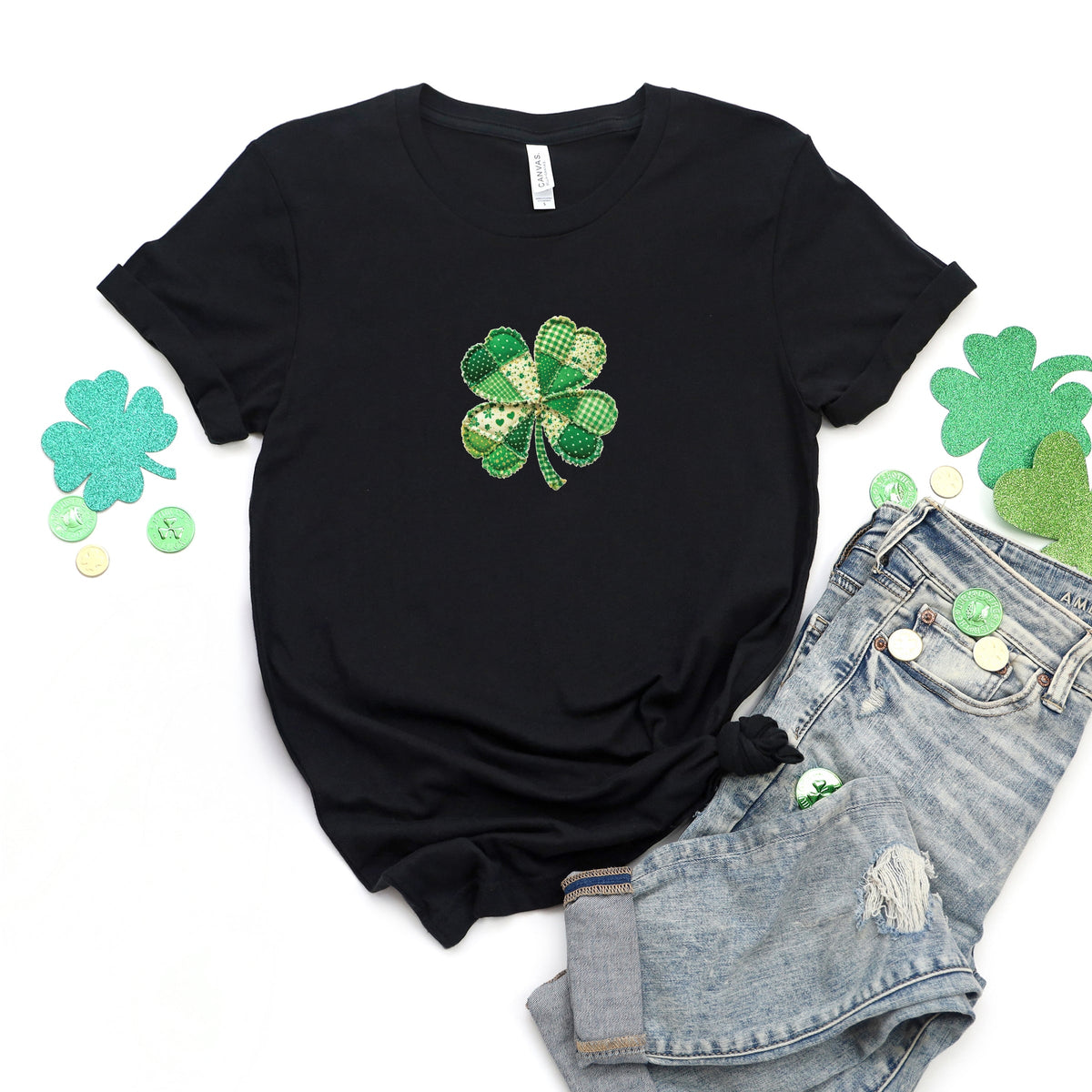 Four Leaf Clover Patchwork Print - Women's Short Sleeve Graphic T-Shirt