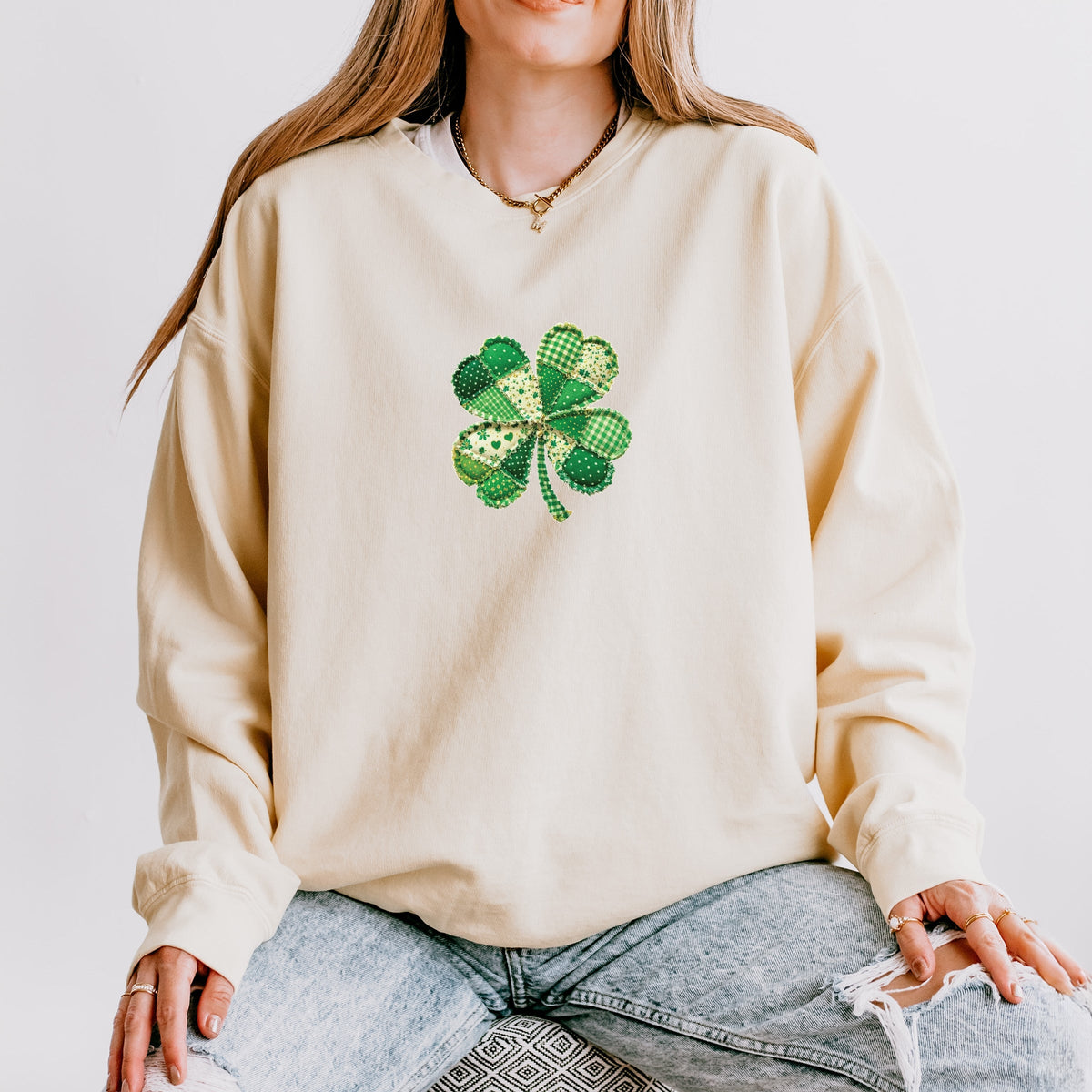 Four Leaf Clover Patchwork Print - Women's Lightweight Garment Dyed Sweatshirt