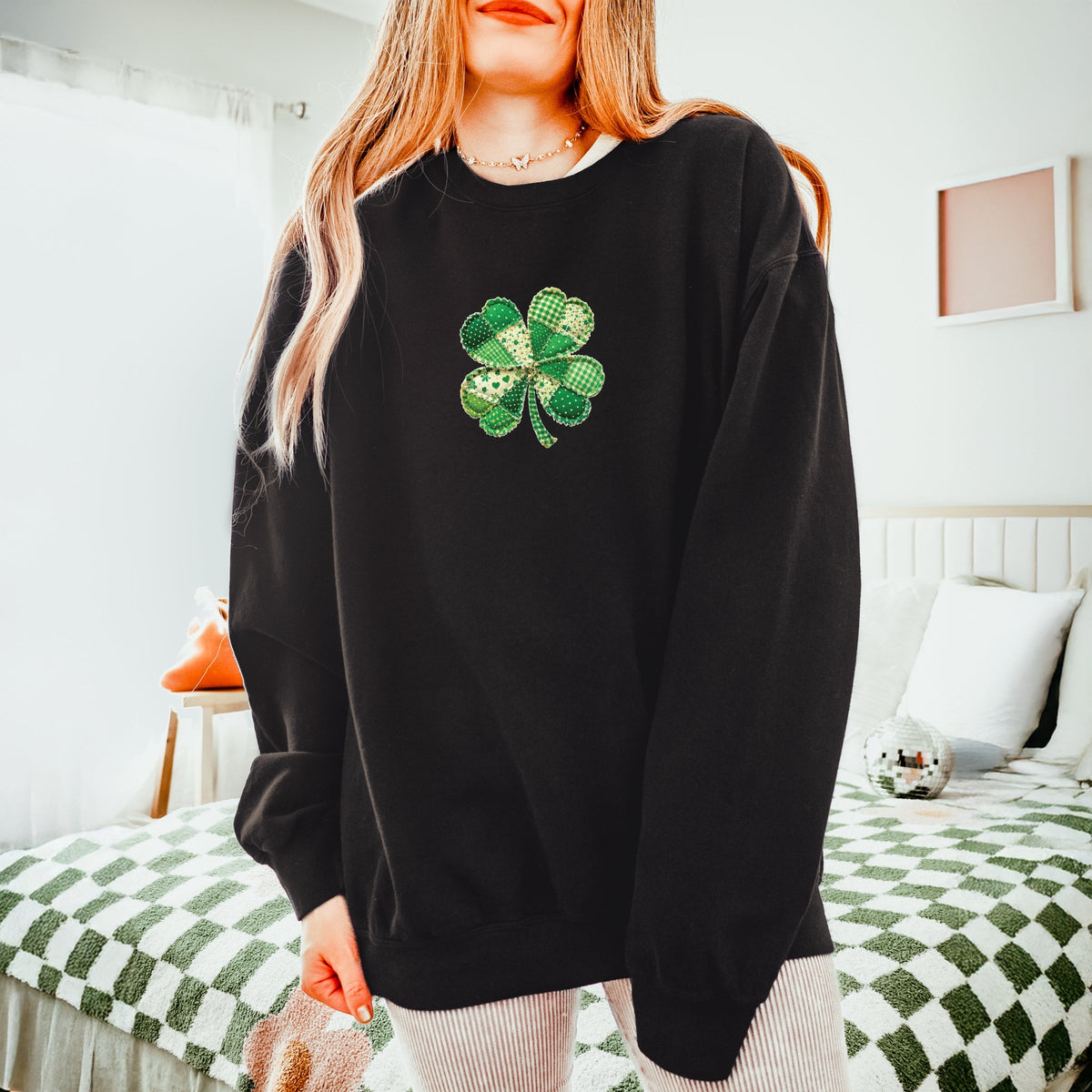 Four Leaf Clover Patchwork Print - Women's Lightweight Garment Dyed Sweatshirt