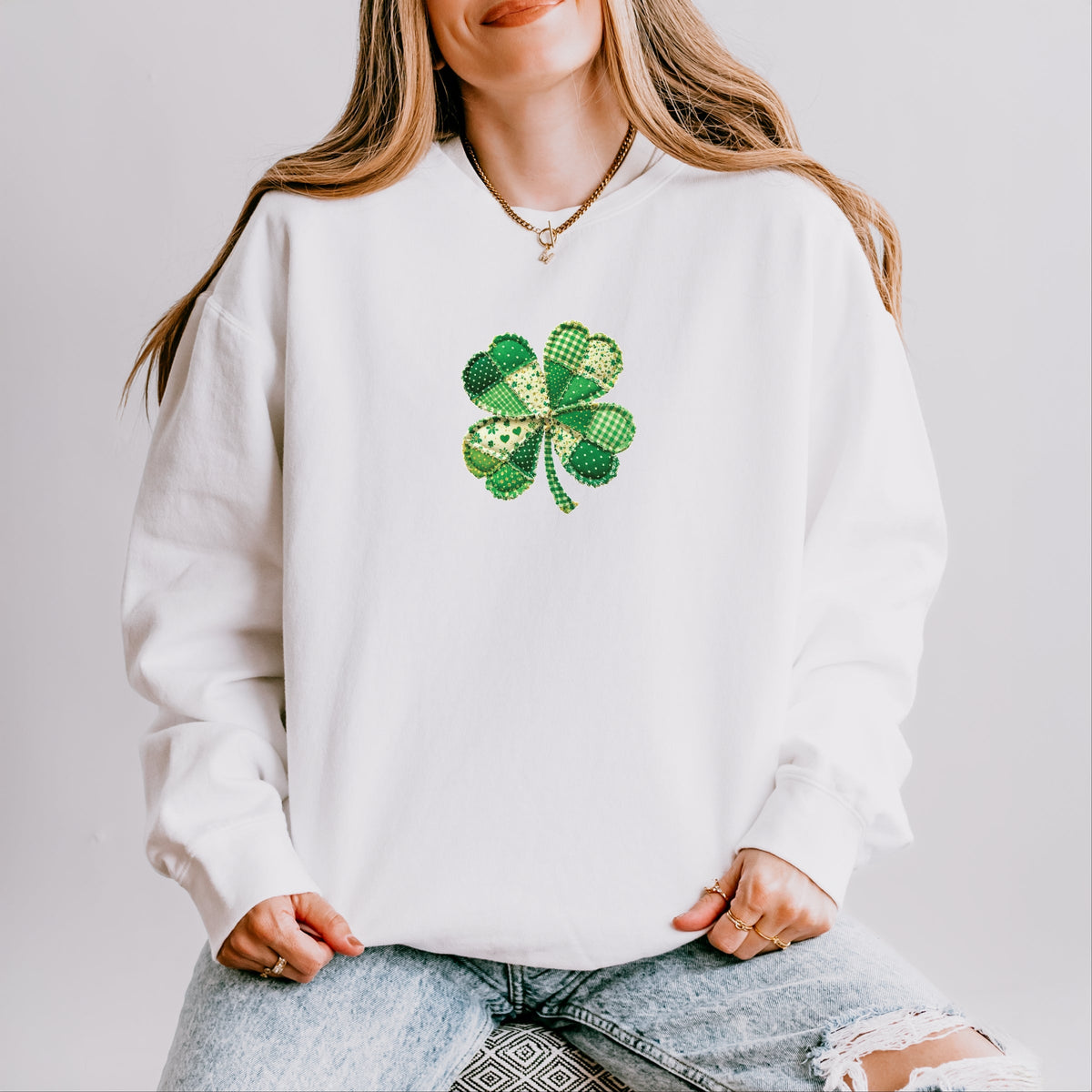 Four Leaf Clover Patchwork Print - Women's Lightweight Garment Dyed Sweatshirt