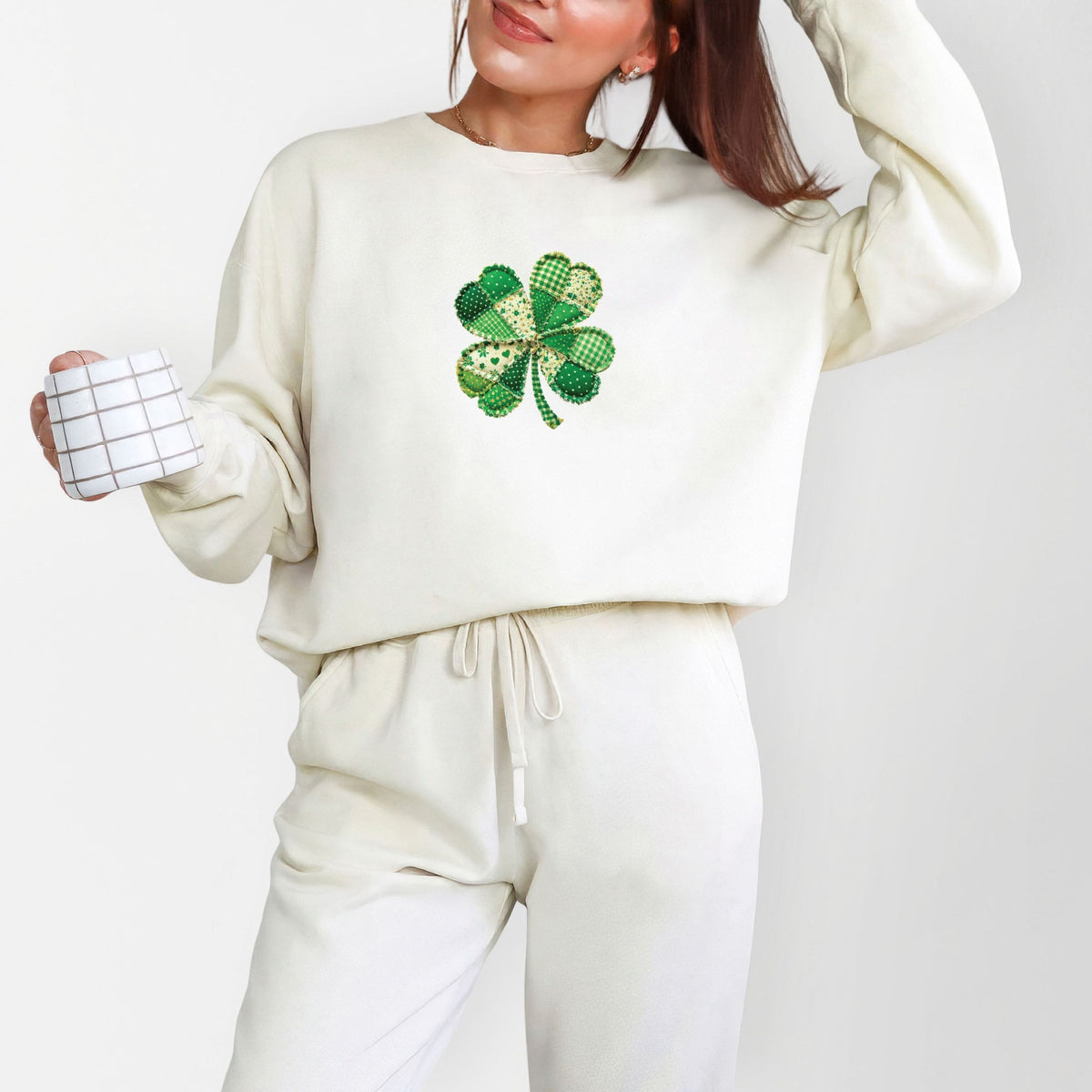 Four Leaf Clover Patchwork Print - Women's Lightweight Garment Dyed Sweatshirt
