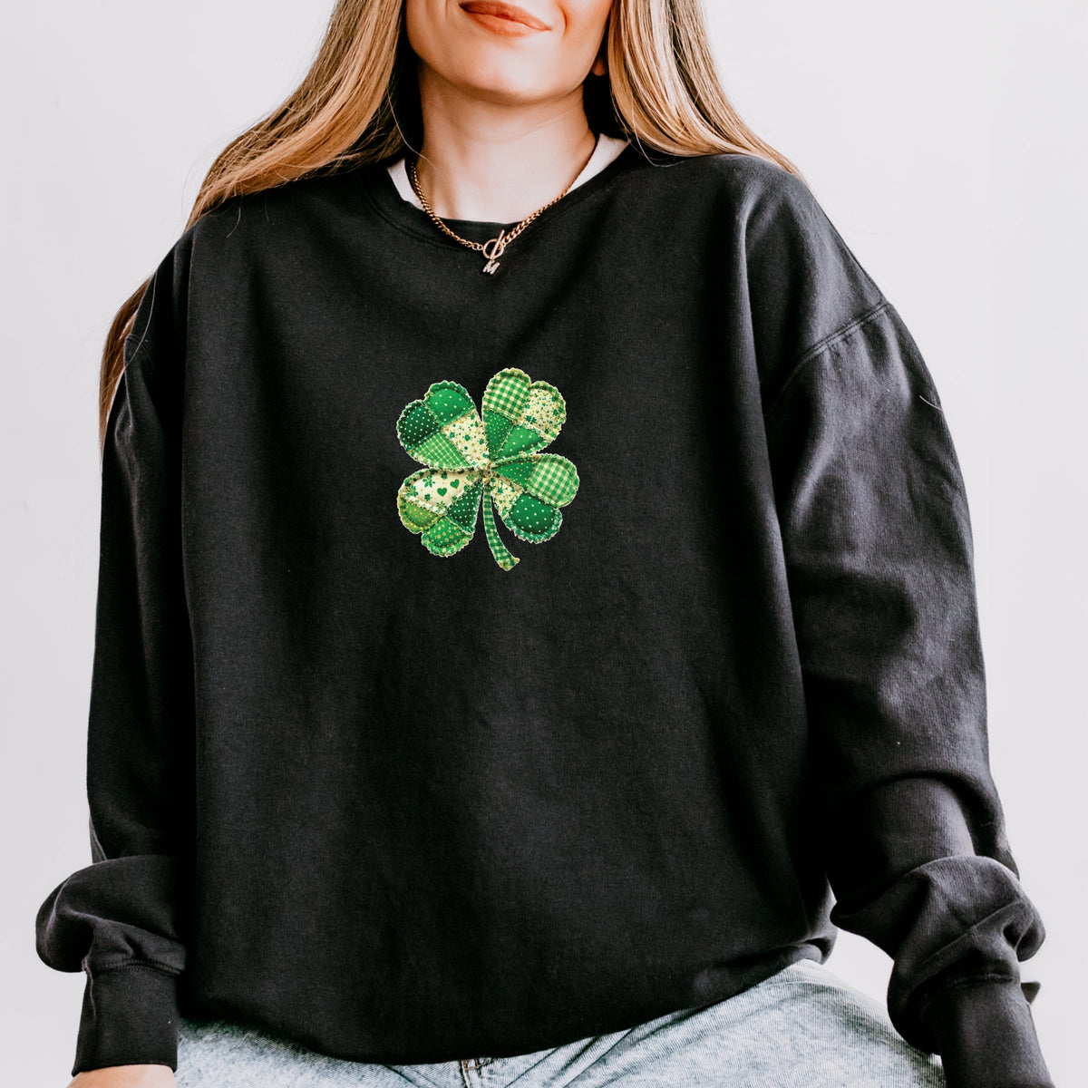 Four Leaf Clover Patchwork Print - Women's Lightweight Garment Dyed Sweatshirt