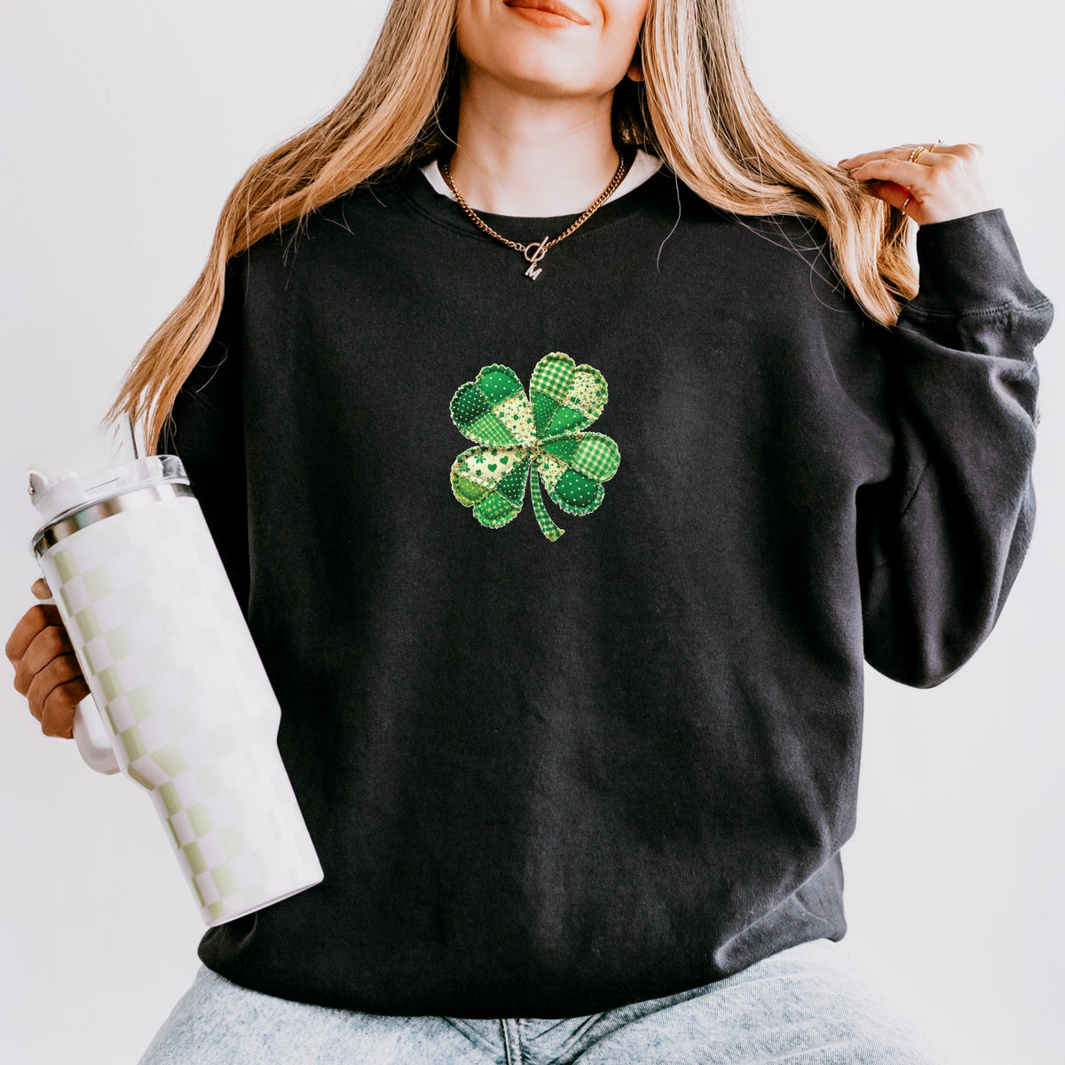 Four Leaf Clover Patchwork Print - Women's Lightweight Garment Dyed Sweatshirt