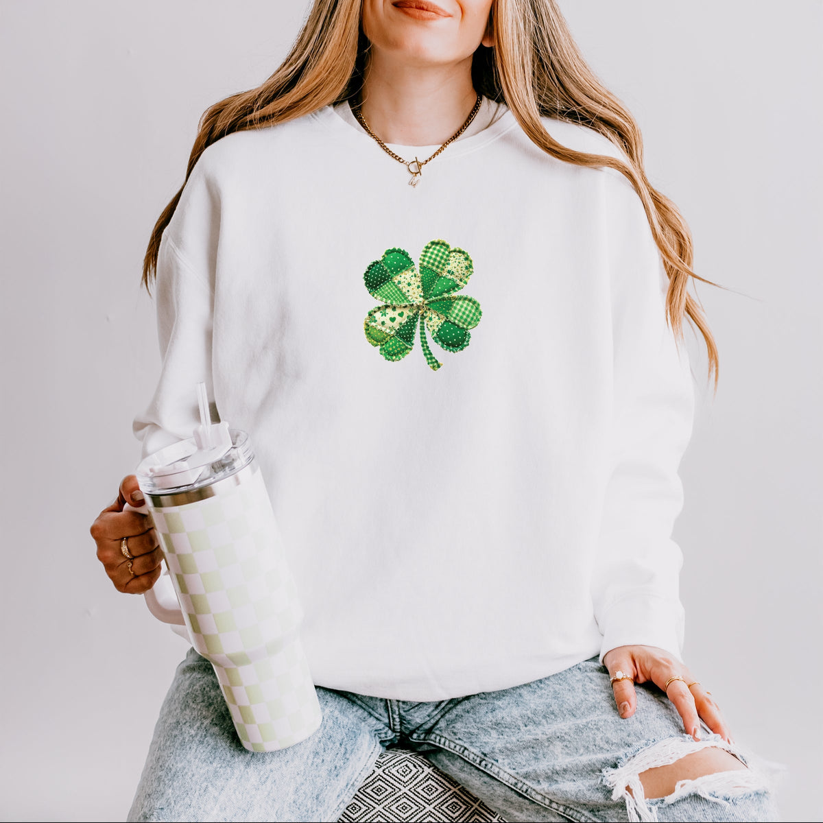 Four Leaf Clover Patchwork Print - Women's Lightweight Garment Dyed Sweatshirt