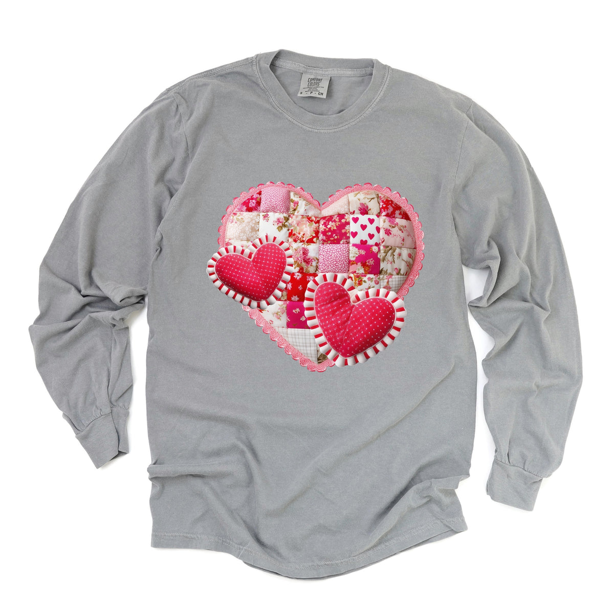 Hearts Patchwork Print - Women's Garment Dyed Long Sleeve Graphic T-Shirt