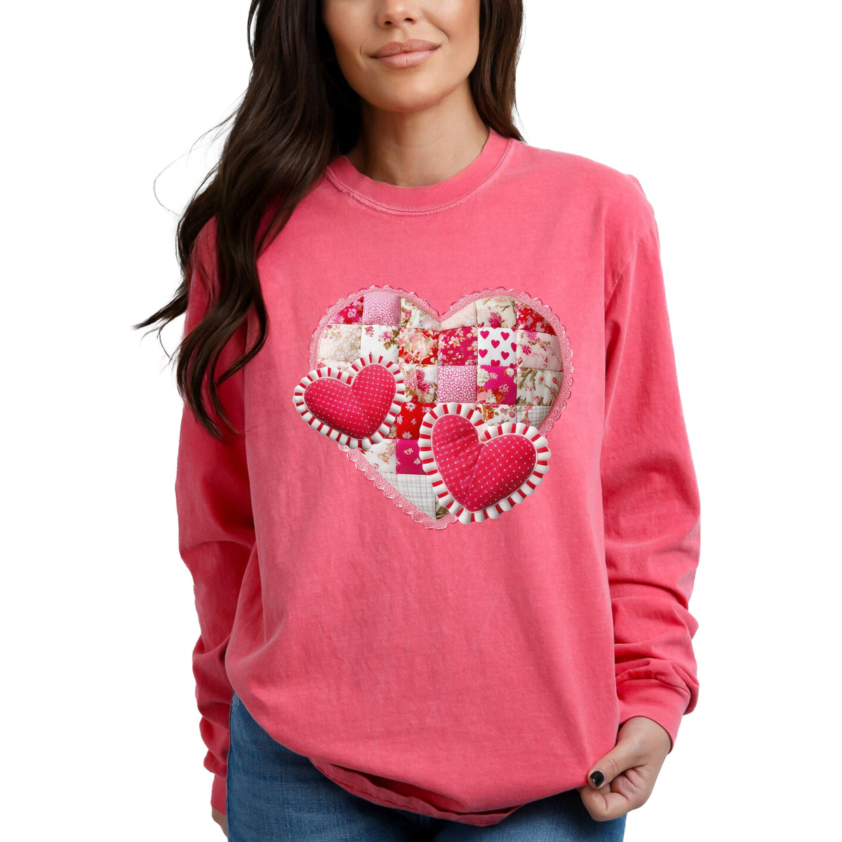 Hearts Patchwork Print - Women's Garment Dyed Long Sleeve Graphic T-Shirt