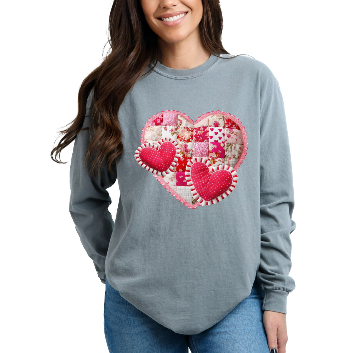 Hearts Patchwork Print - Women's Garment Dyed Long Sleeve Graphic T-Shirt