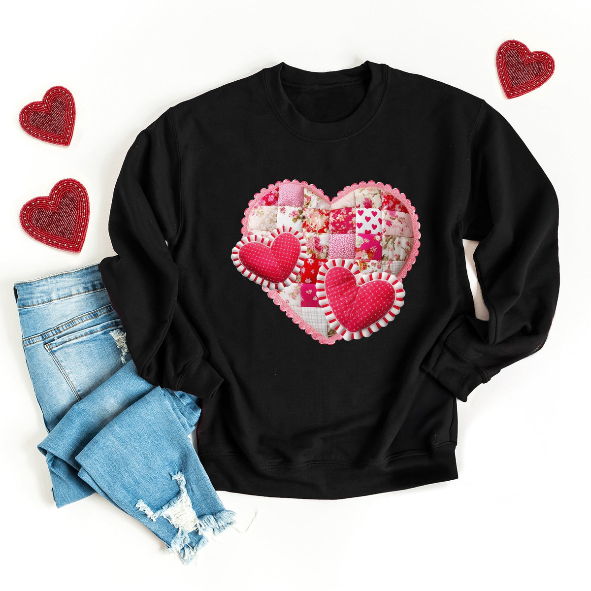 Hearts Patchwork Print - Women's Graphic Sweatshirt