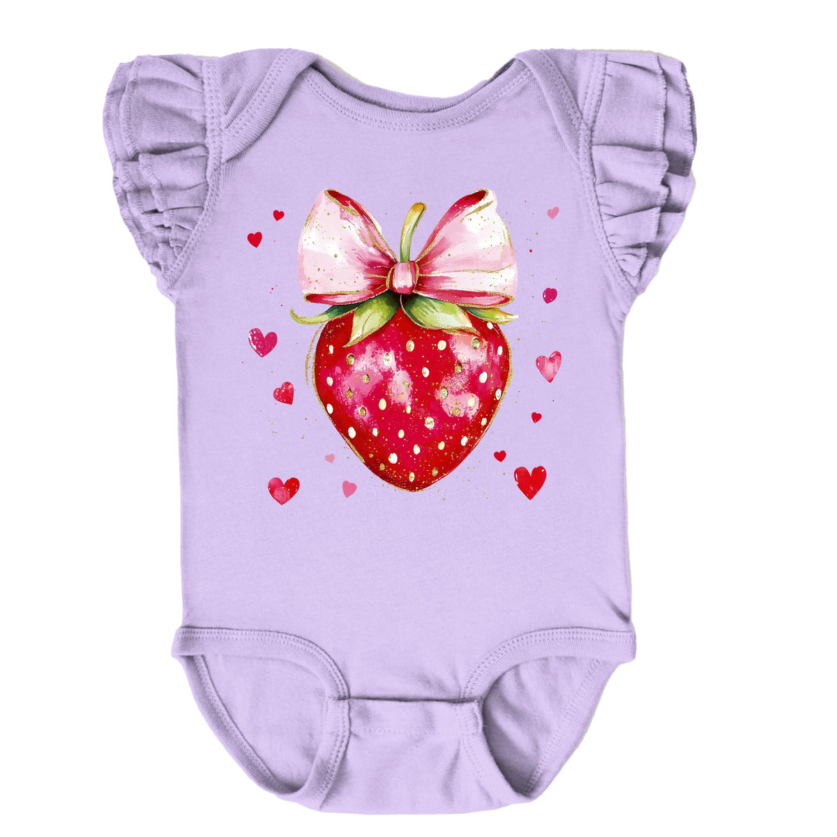 Coquette Strawberry Hearts Watercolor - Baby Flutter Sleeve Bodysuit