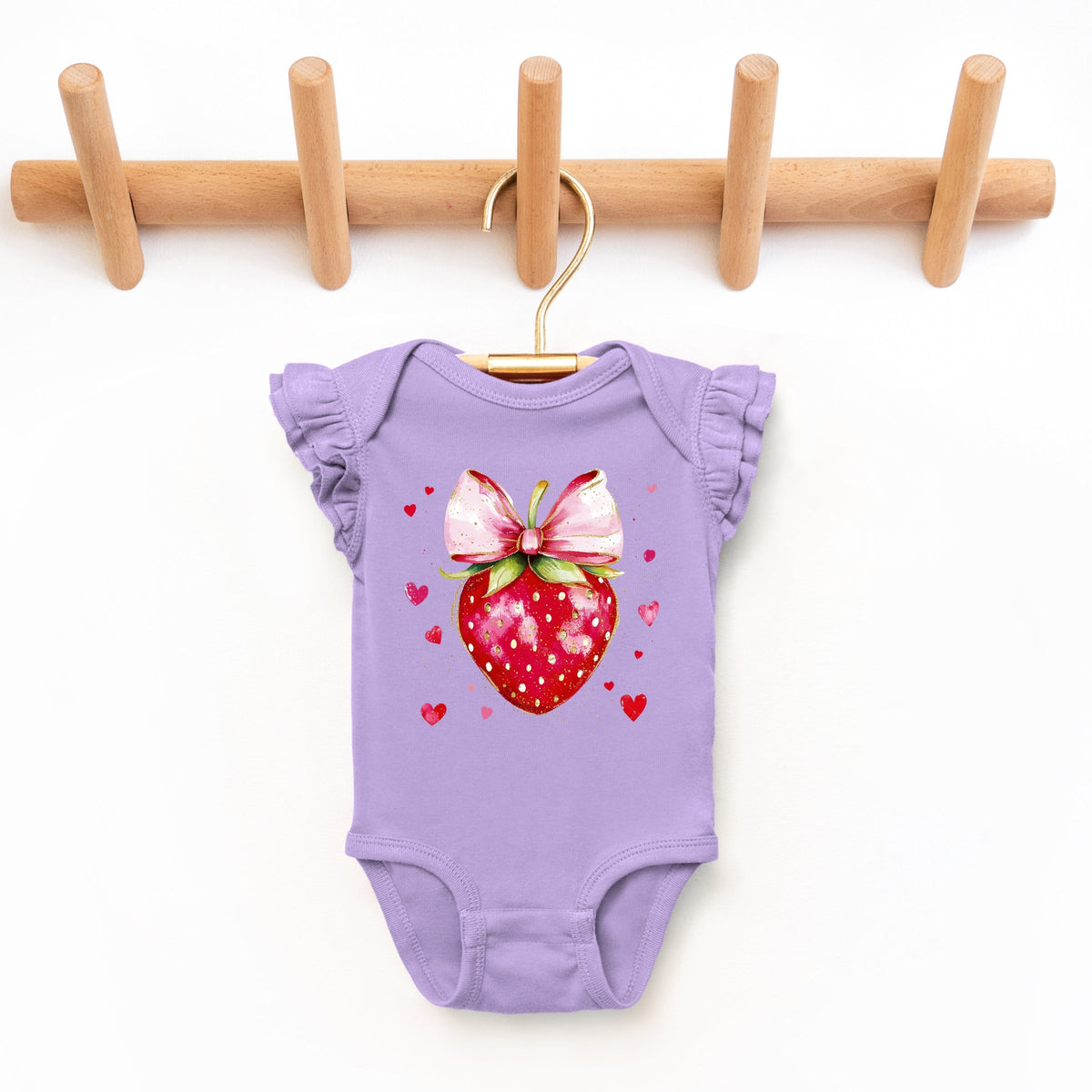 Coquette Strawberry Hearts Watercolor - Baby Flutter Sleeve Bodysuit