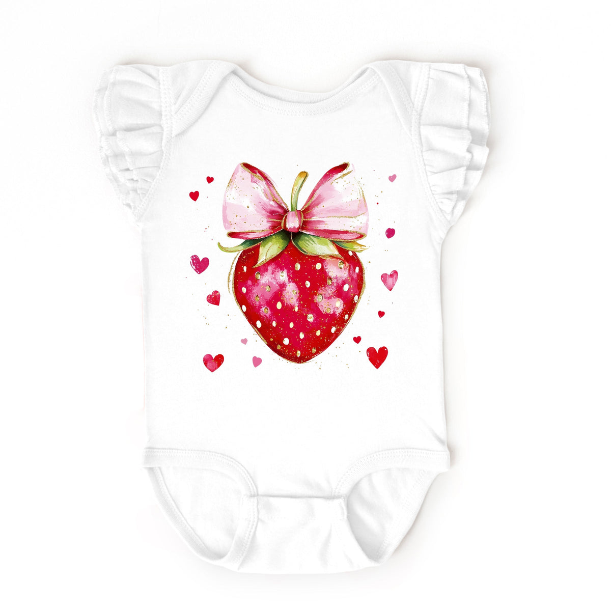 Coquette Strawberry Hearts Watercolor - Baby Flutter Sleeve Bodysuit