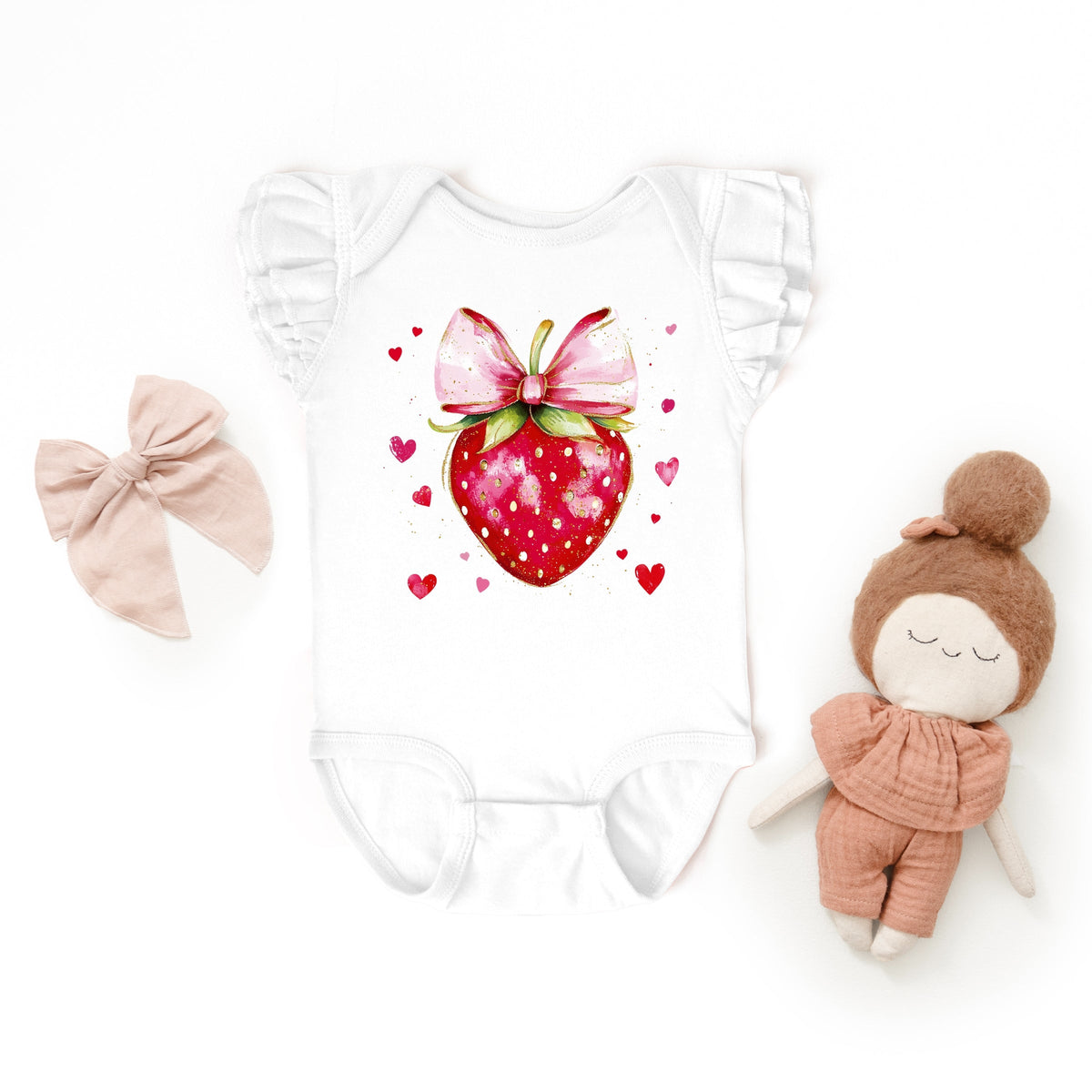 Coquette Strawberry Hearts Watercolor - Baby Flutter Sleeve Bodysuit