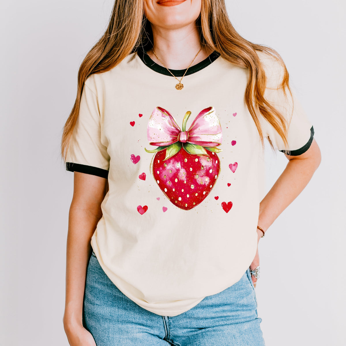 Coquette Strawberry Hearts Watercolor - Women's Ringer Graphic T-Shirt