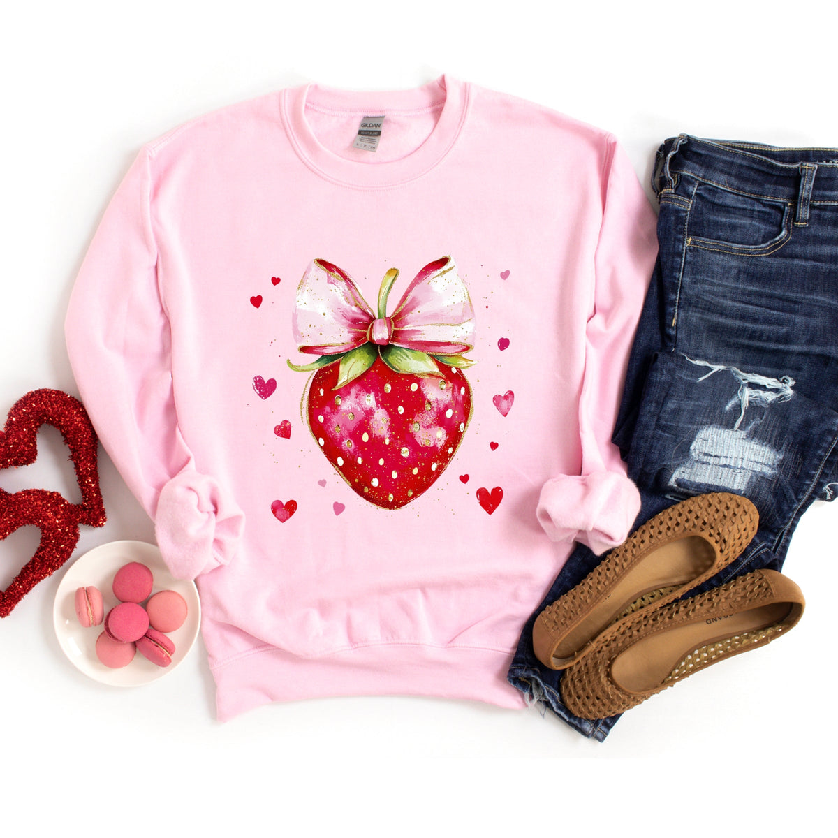 Coquette Strawberry Hearts Watercolor - Women's Graphic Sweatshirt
