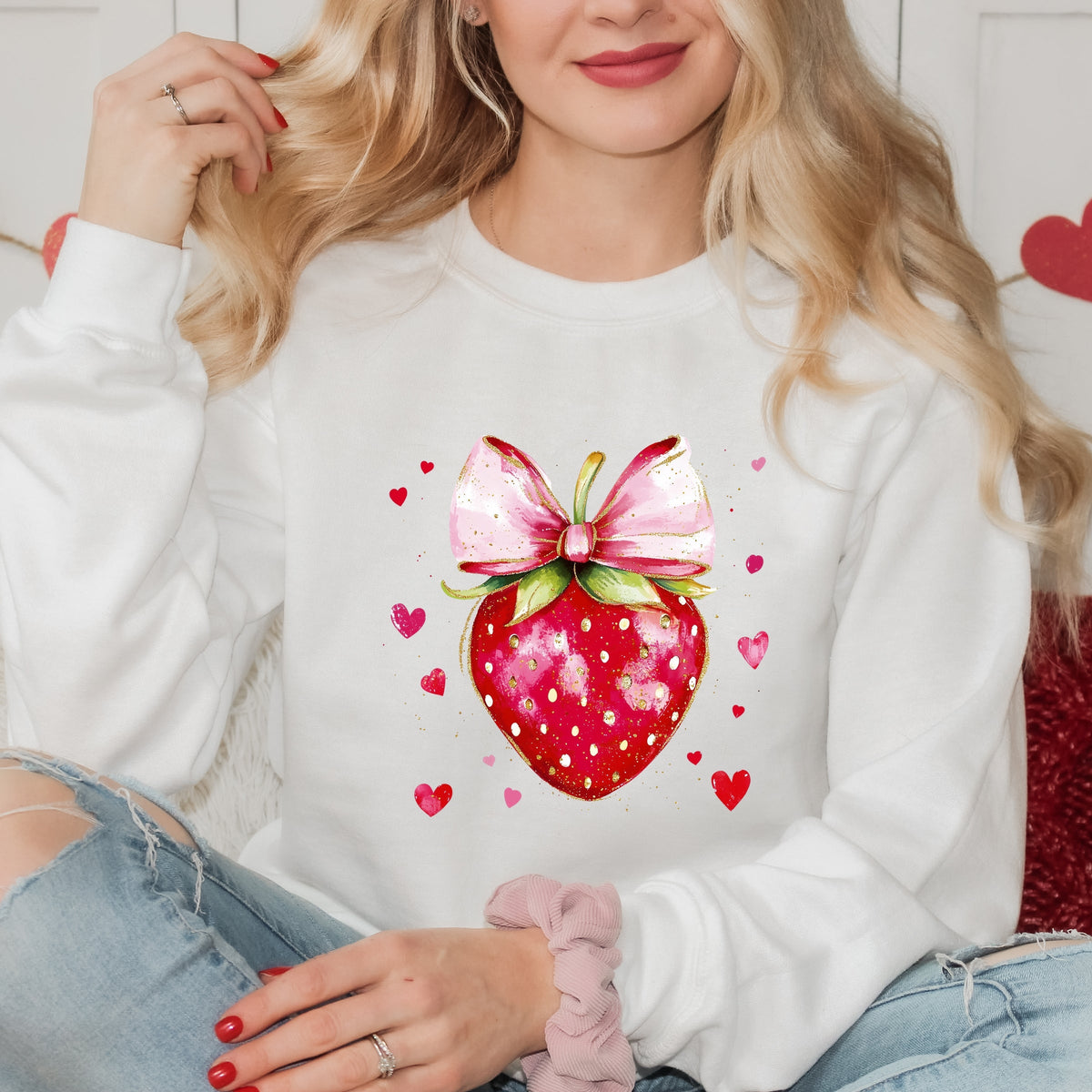 Coquette Strawberry Hearts Watercolor - Women's Graphic Sweatshirt