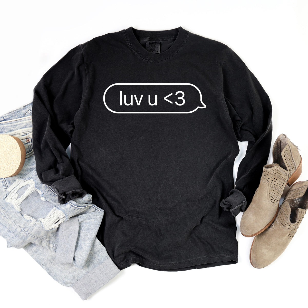 Luv U Text Message - Women's Garment Dyed Long Sleeve Graphic T-Shirt