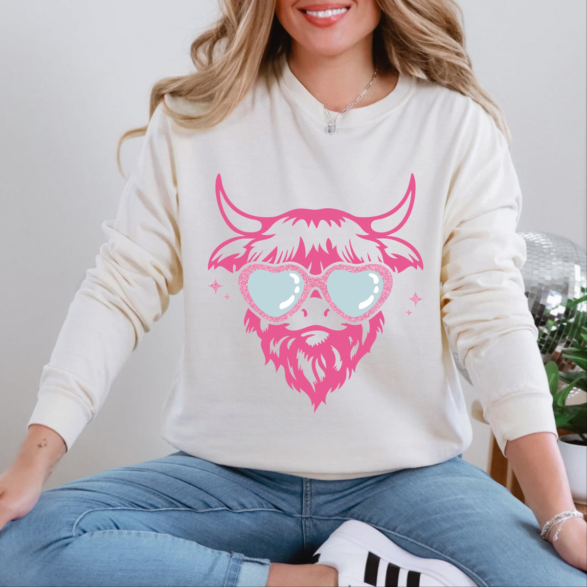 Cow Heart Glasses Glitter - Women's Garment Dyed Long Sleeve Graphic T-Shirt