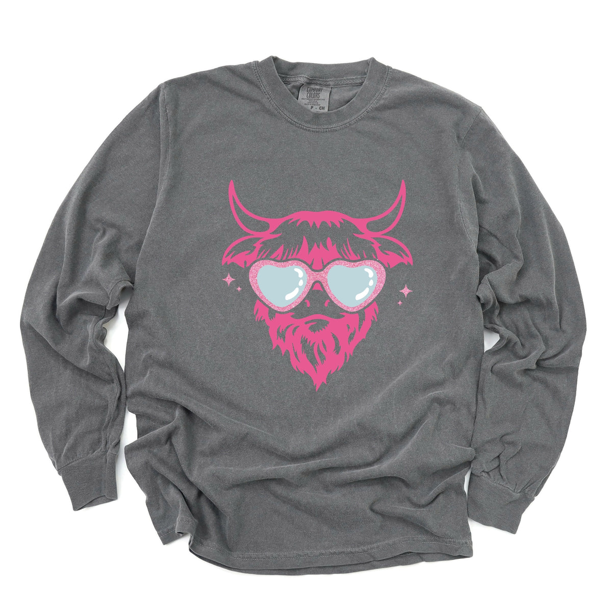 Cow Heart Glasses Glitter - Women's Garment Dyed Long Sleeve Graphic T-Shirt