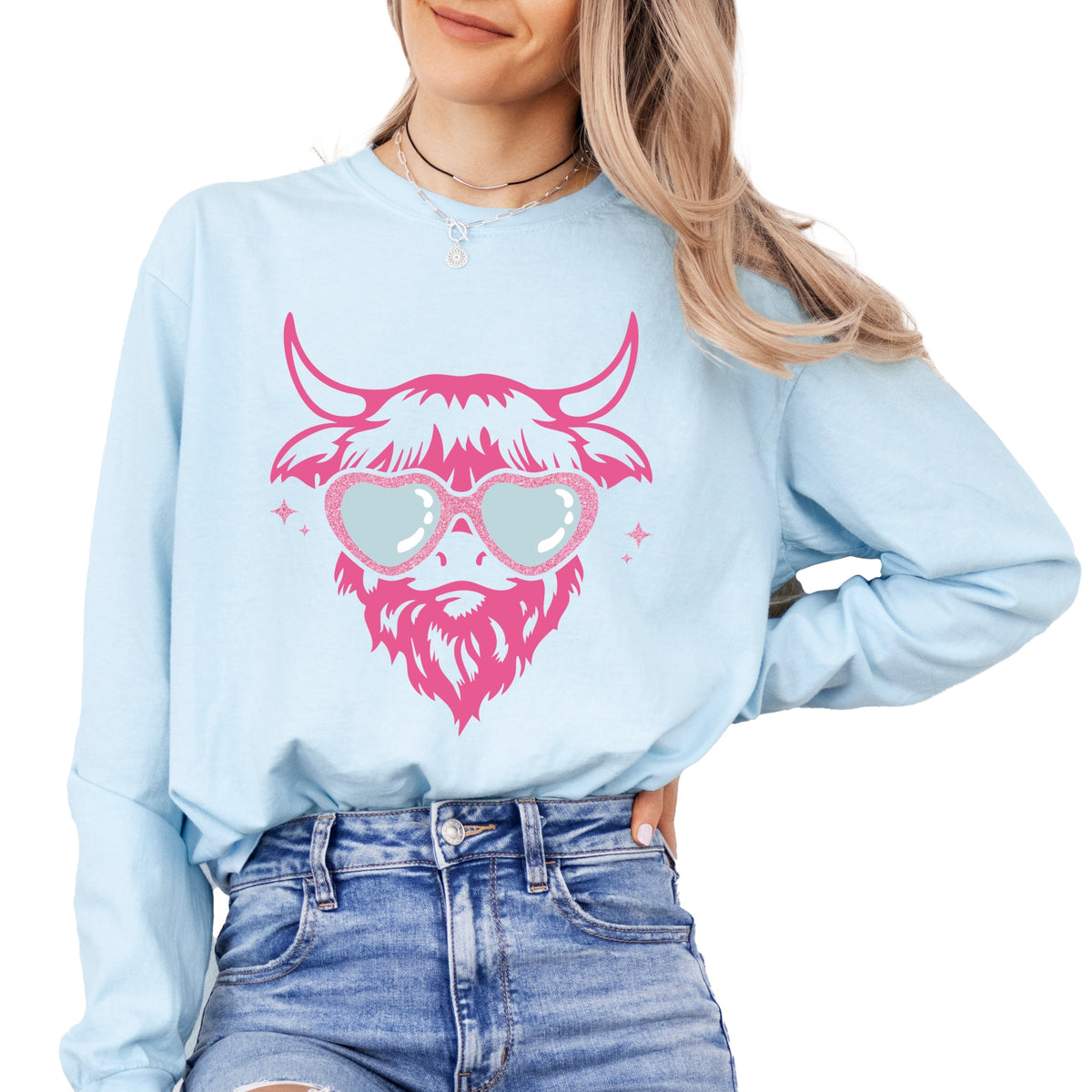 Cow Heart Glasses Glitter - Women's Garment Dyed Long Sleeve Graphic T-Shirt