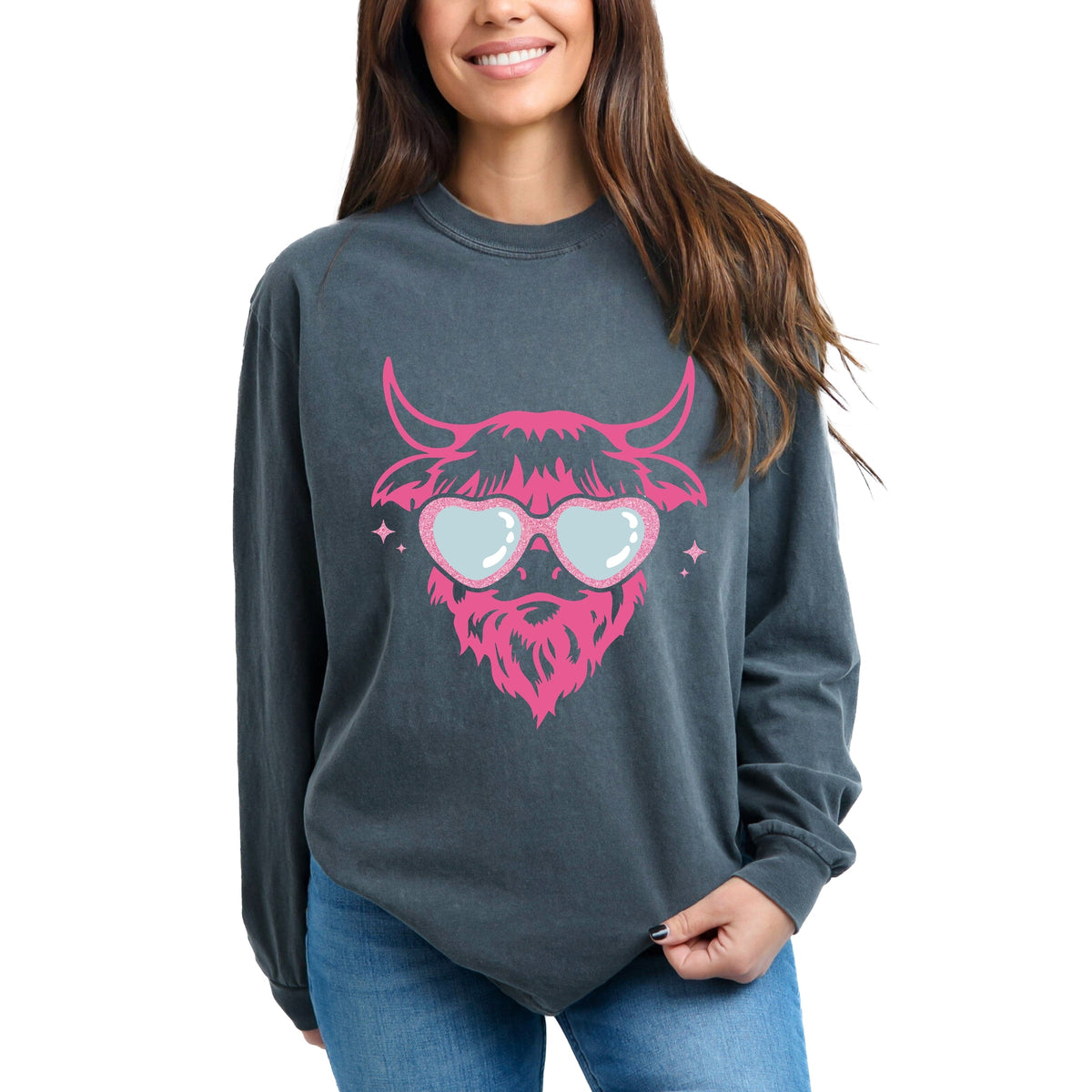 Cow Heart Glasses Glitter - Women's Garment Dyed Long Sleeve Graphic T-Shirt