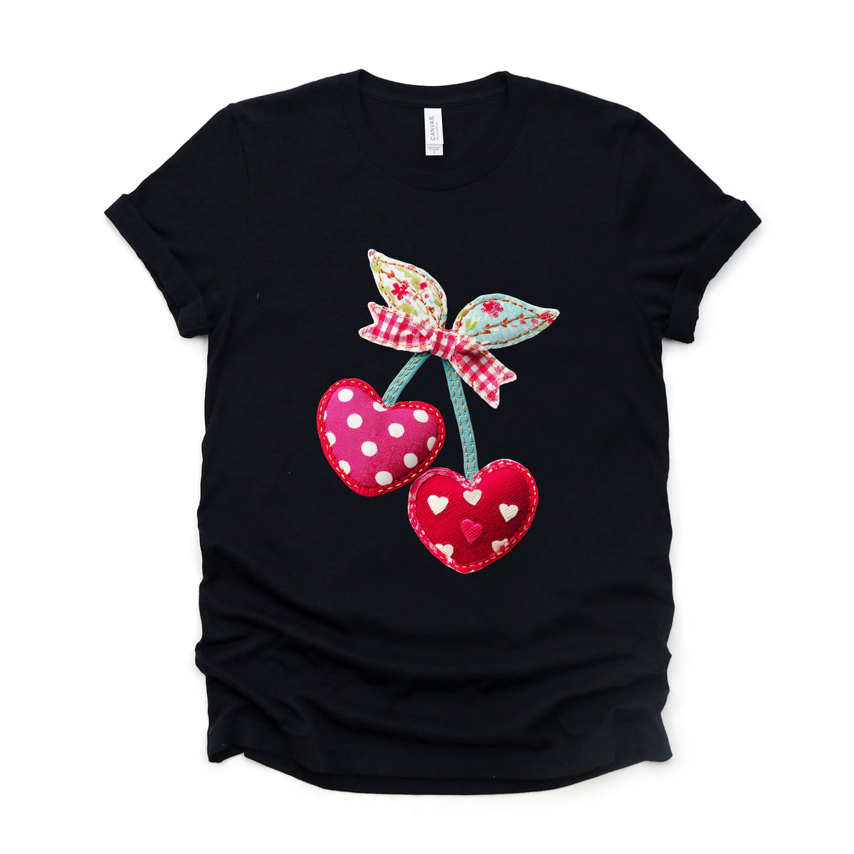 Cherry Hearts Patchwork Print - Women's Short Sleeve Graphic T-Shirt