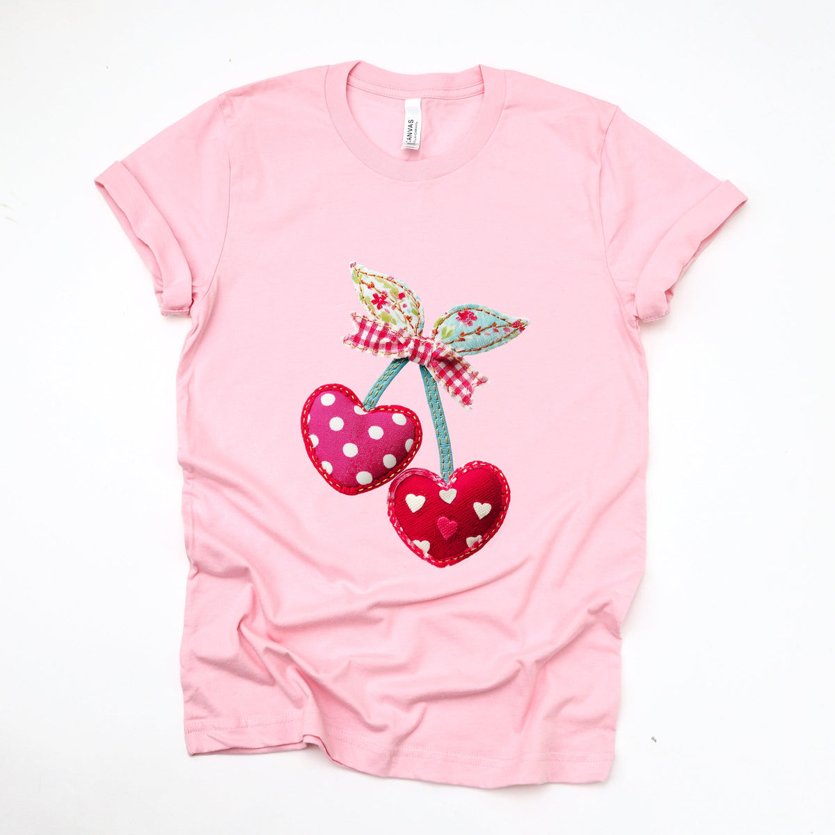 Cherry Hearts Patchwork Print - Women's Short Sleeve Graphic T-Shirt