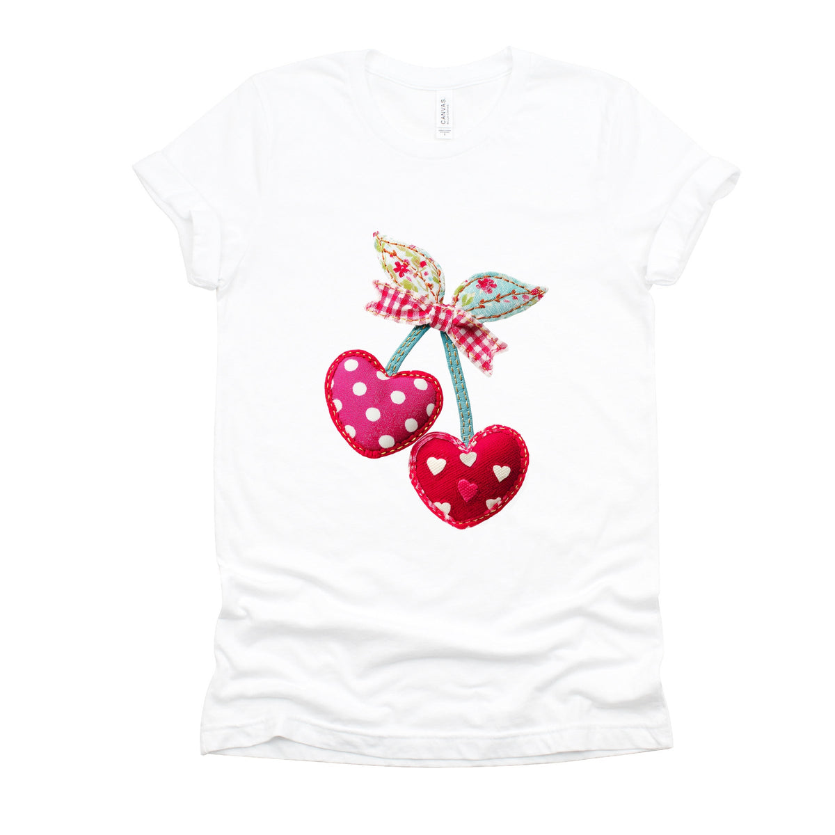 Cherry Hearts Patchwork Print - Women's Short Sleeve Graphic T-Shirt
