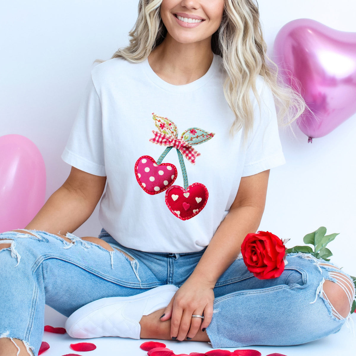 Cherry Hearts Patchwork Print - Women's Short Sleeve Graphic T-Shirt