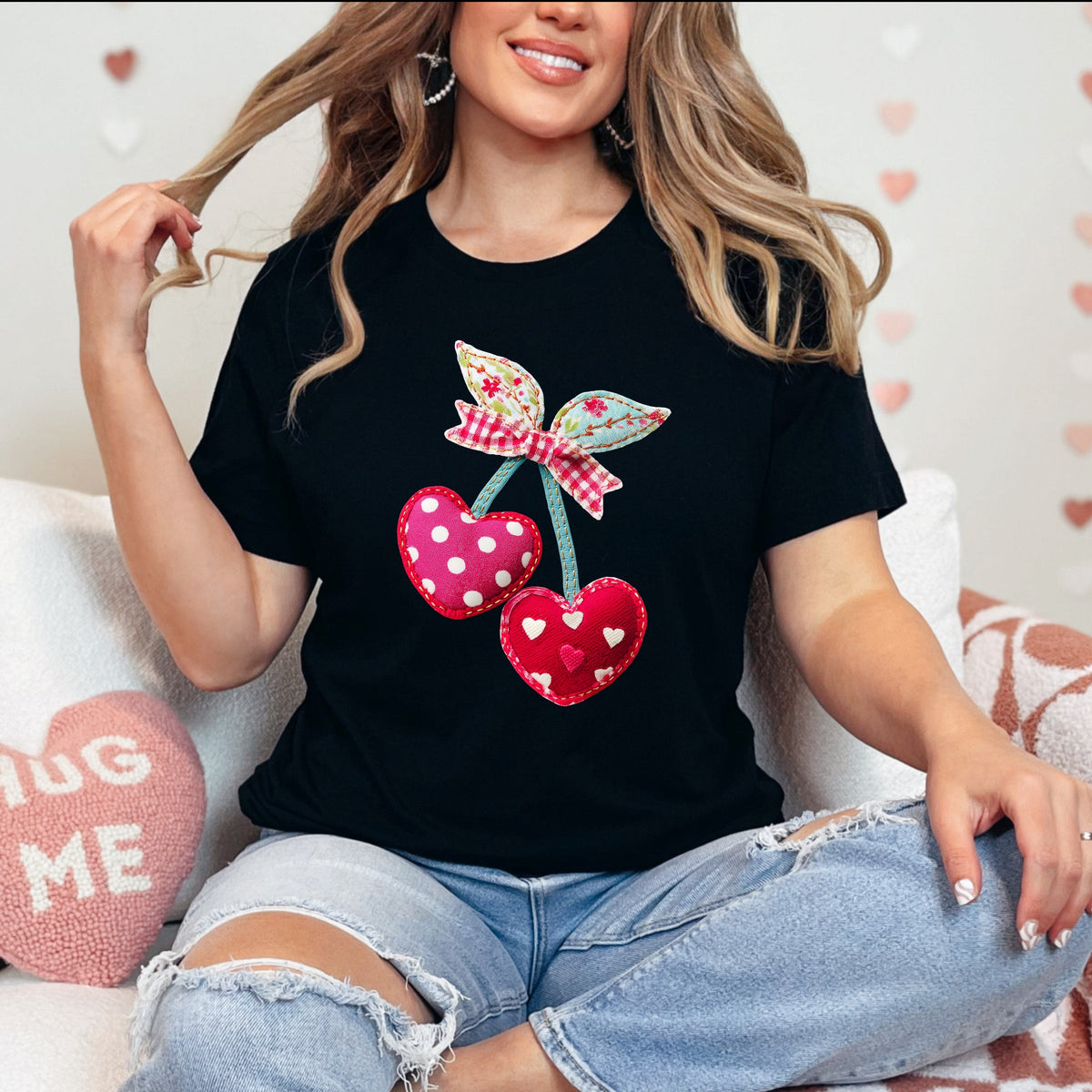 Cherry Hearts Patchwork Print - Women's Short Sleeve Graphic T-Shirt