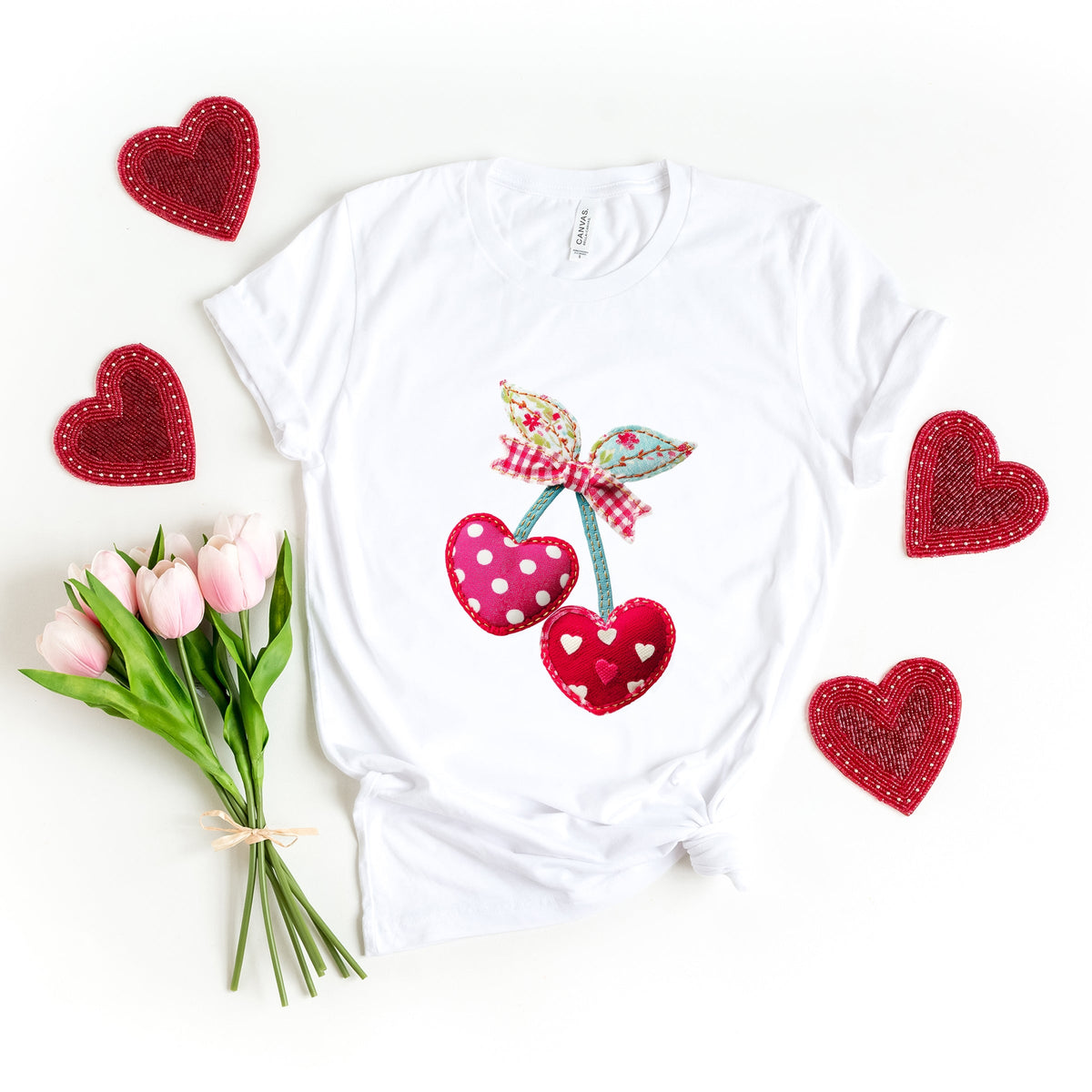 Cherry Hearts Patchwork Print - Women's Short Sleeve Graphic T-Shirt