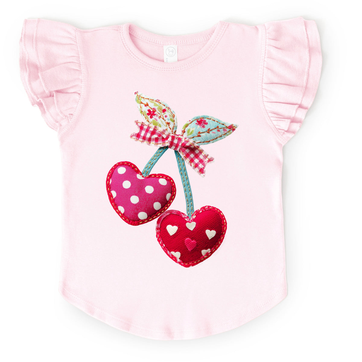 Cherry Hearts Patchwork Print - Flutter Sleeve Graphic T-Shirt