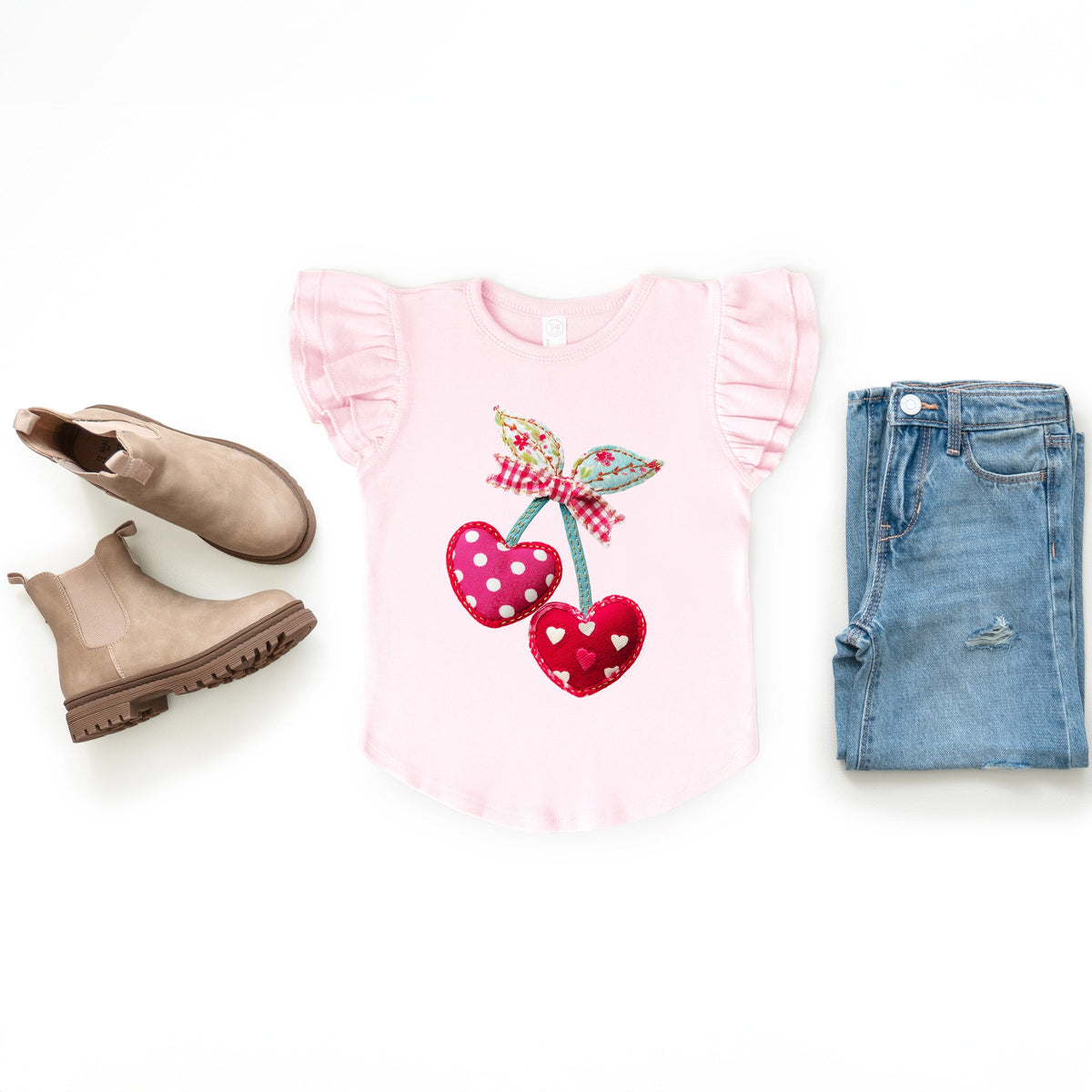 Cherry Hearts Patchwork Print - Flutter Sleeve Graphic T-Shirt